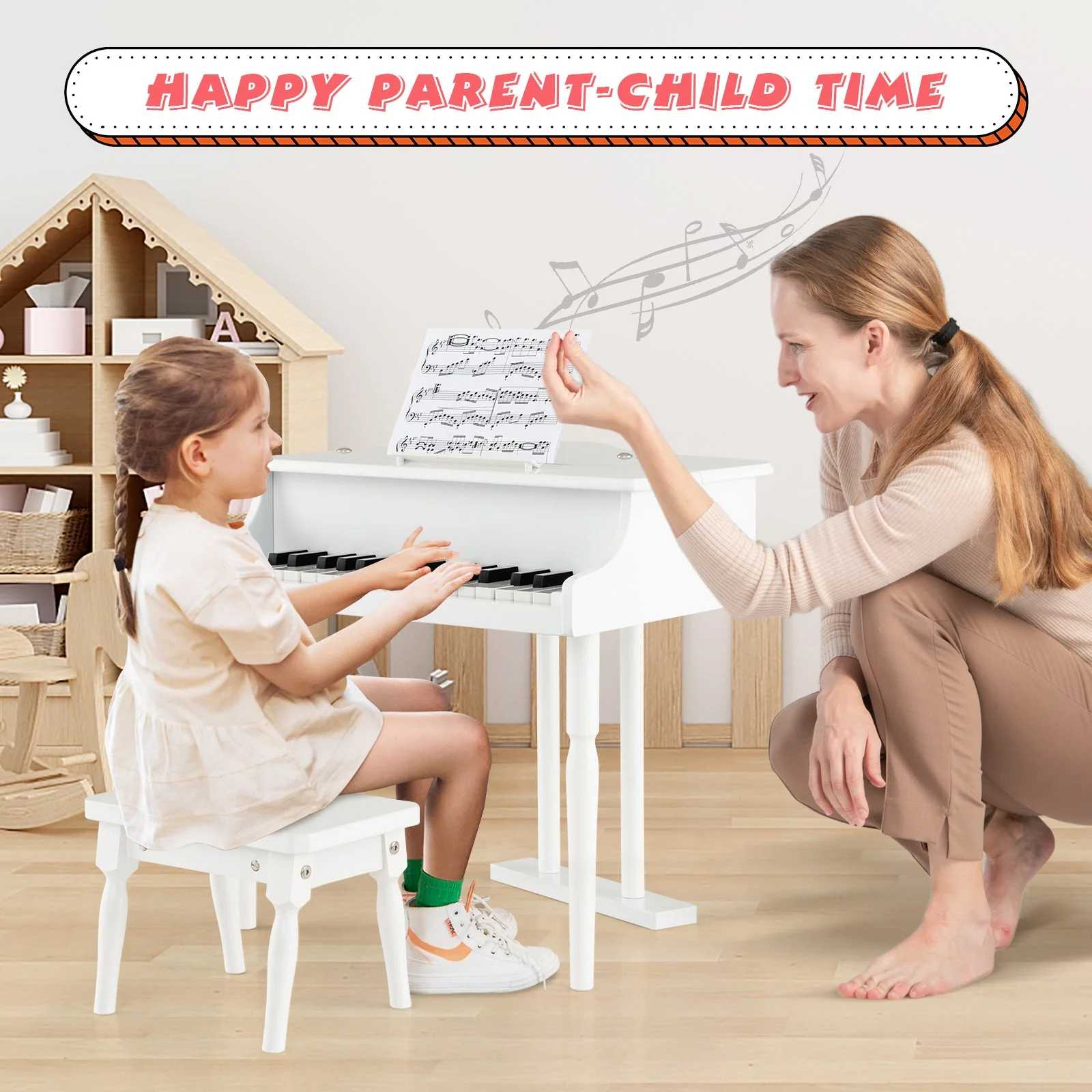 30-Key Kids Piano Keyboard Toy with Bench Piano Lid and Music Rack-White - Image 2