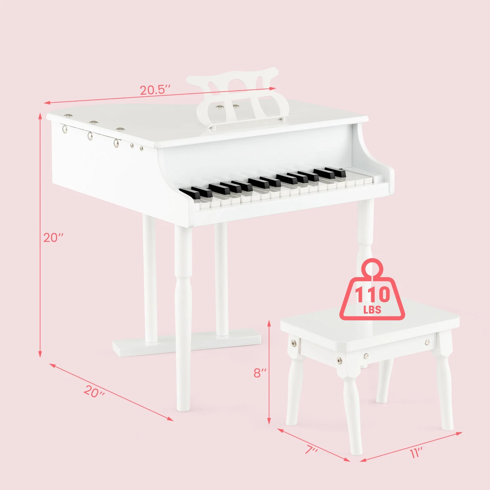 30-Key Kids Piano Keyboard Toy with Bench Piano Lid and Music Rack-White - Image 4