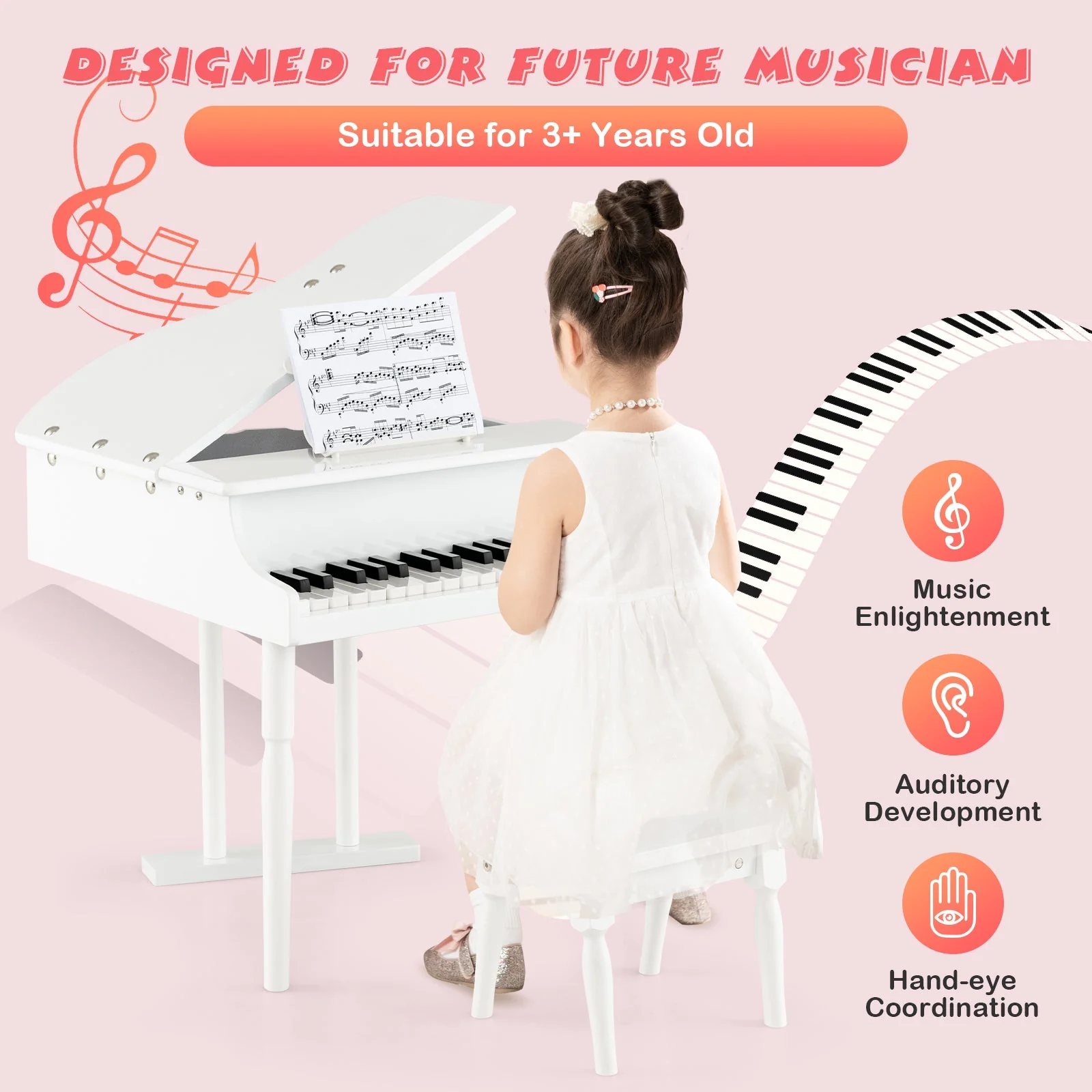 30-Key Kids Piano Keyboard Toy with Bench Piano Lid and Music Rack-White - Image 5