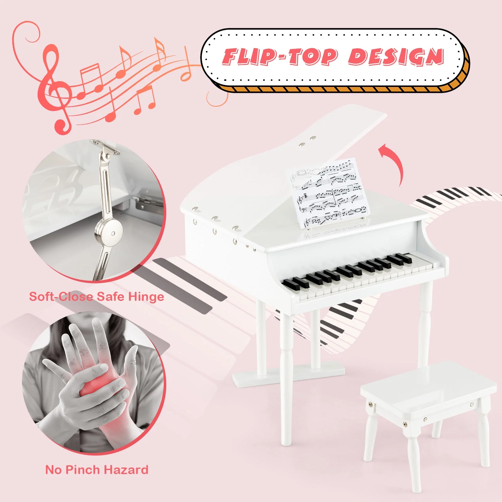 30-Key Kids Piano Keyboard Toy with Bench Piano Lid and Music Rack-White - Image 6