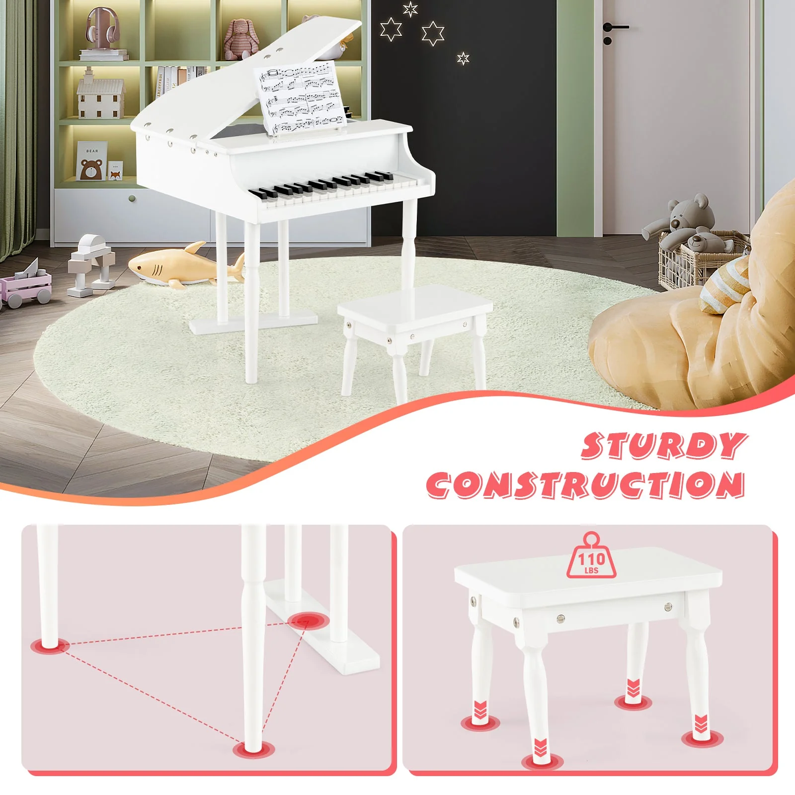 30-Key Kids Piano Keyboard Toy with Bench Piano Lid and Music Rack-White - Image 7