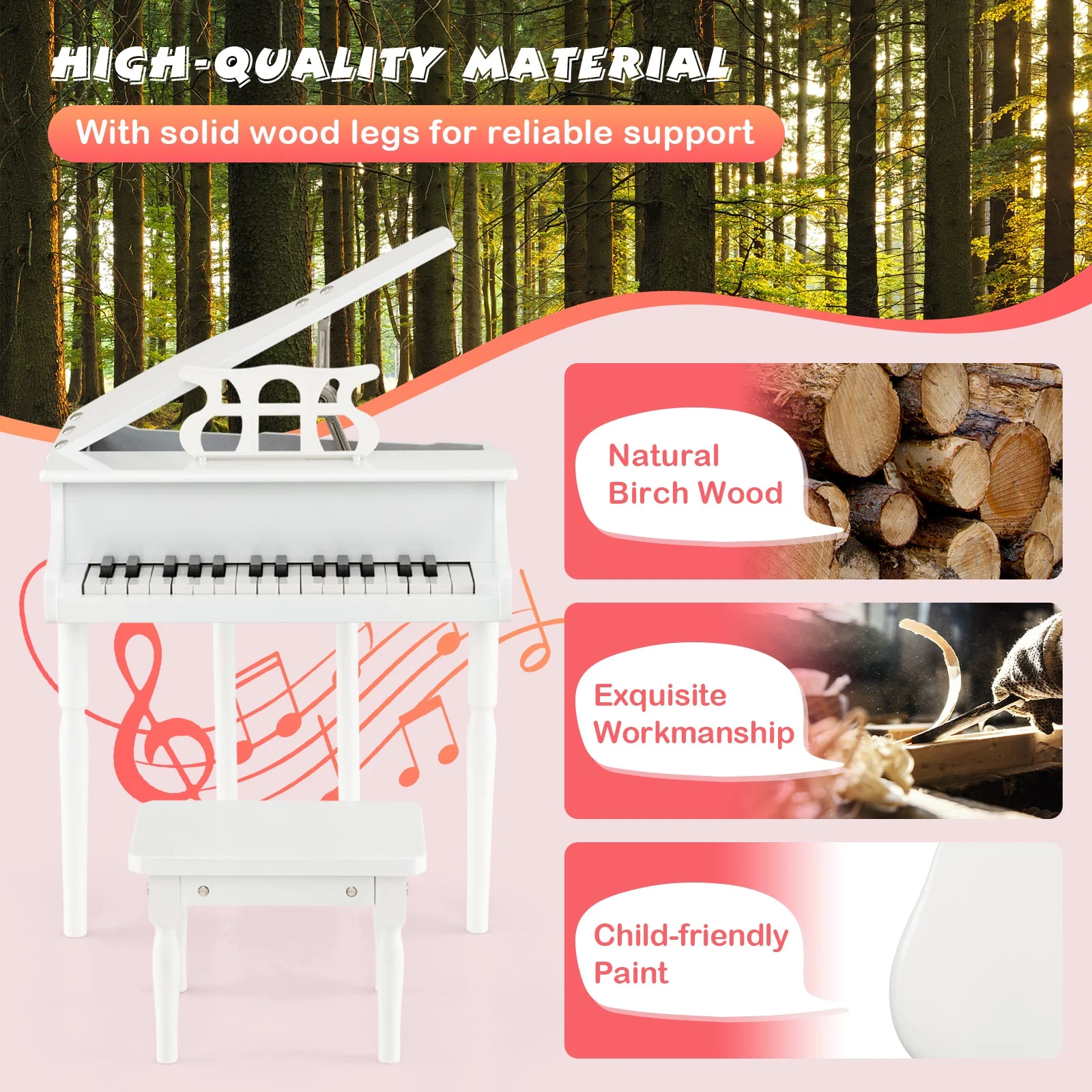 30-Key Kids Piano Keyboard Toy with Bench Piano Lid and Music Rack-White - Image 8