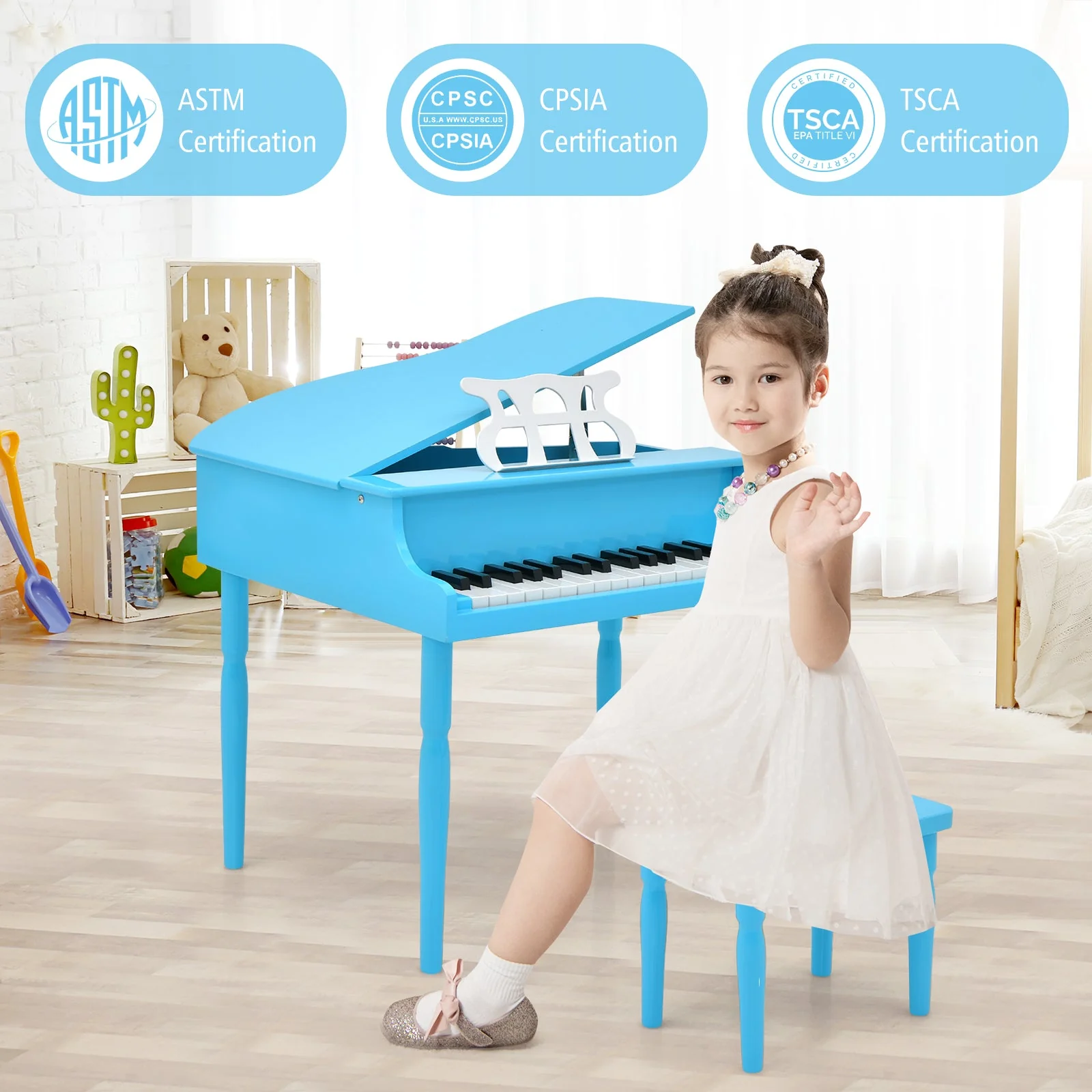 30-Key Wood Toy Kids Grand Piano with Bench and Music Rack-Blue - Image 2