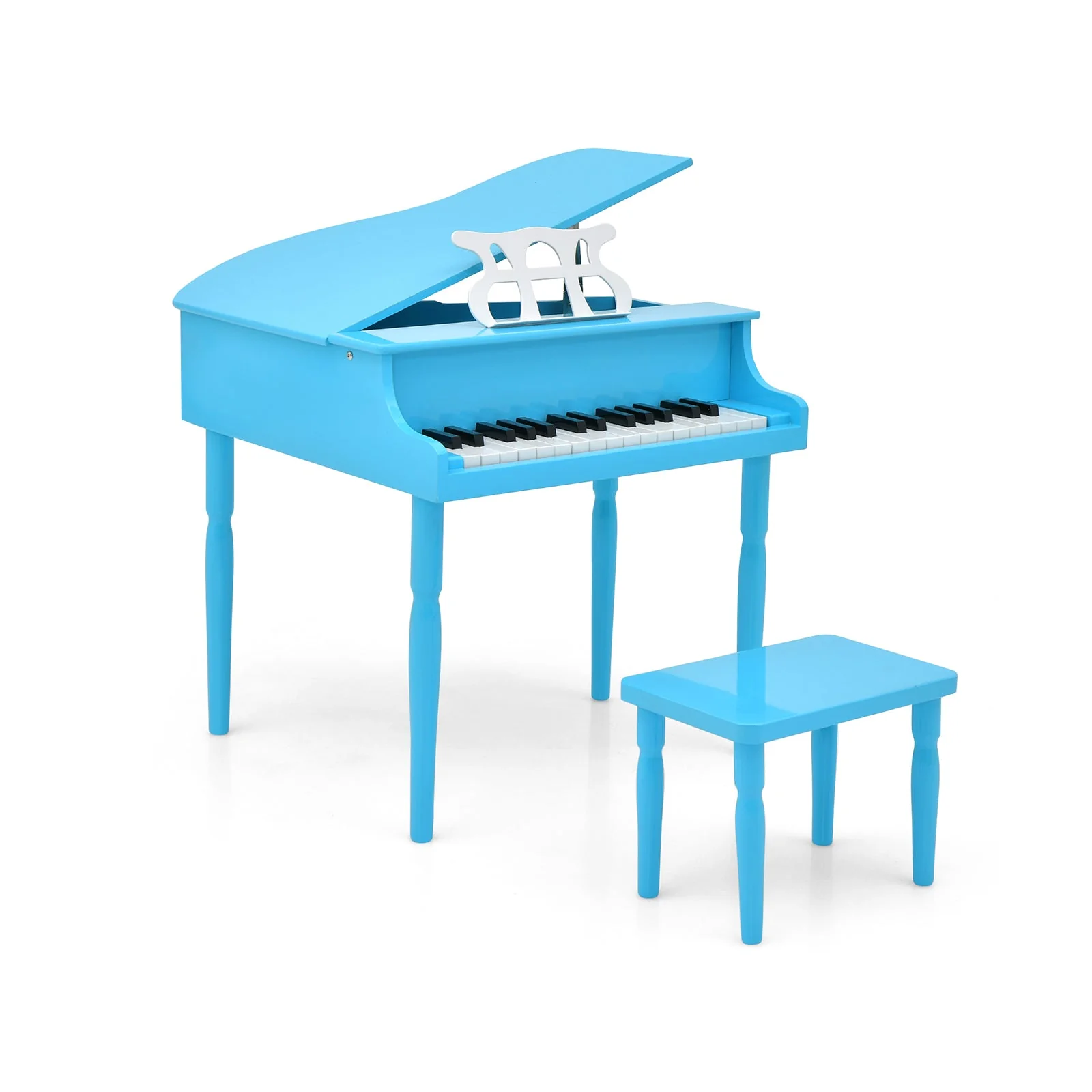 30-Key Wood Toy Kids Grand Piano with Bench and Music Rack-Blue - Image 3