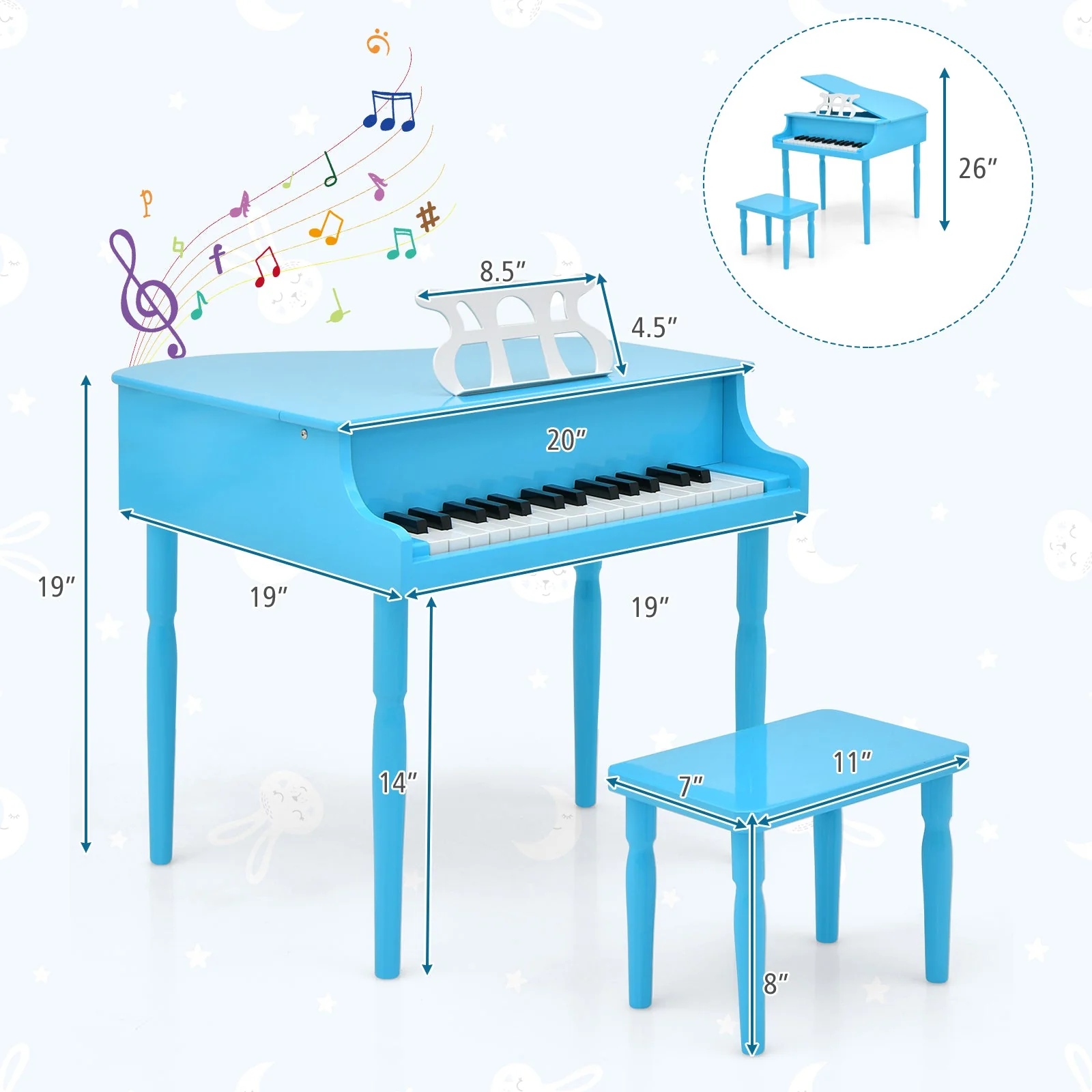 30-Key Wood Toy Kids Grand Piano with Bench and Music Rack-Blue - Image 5