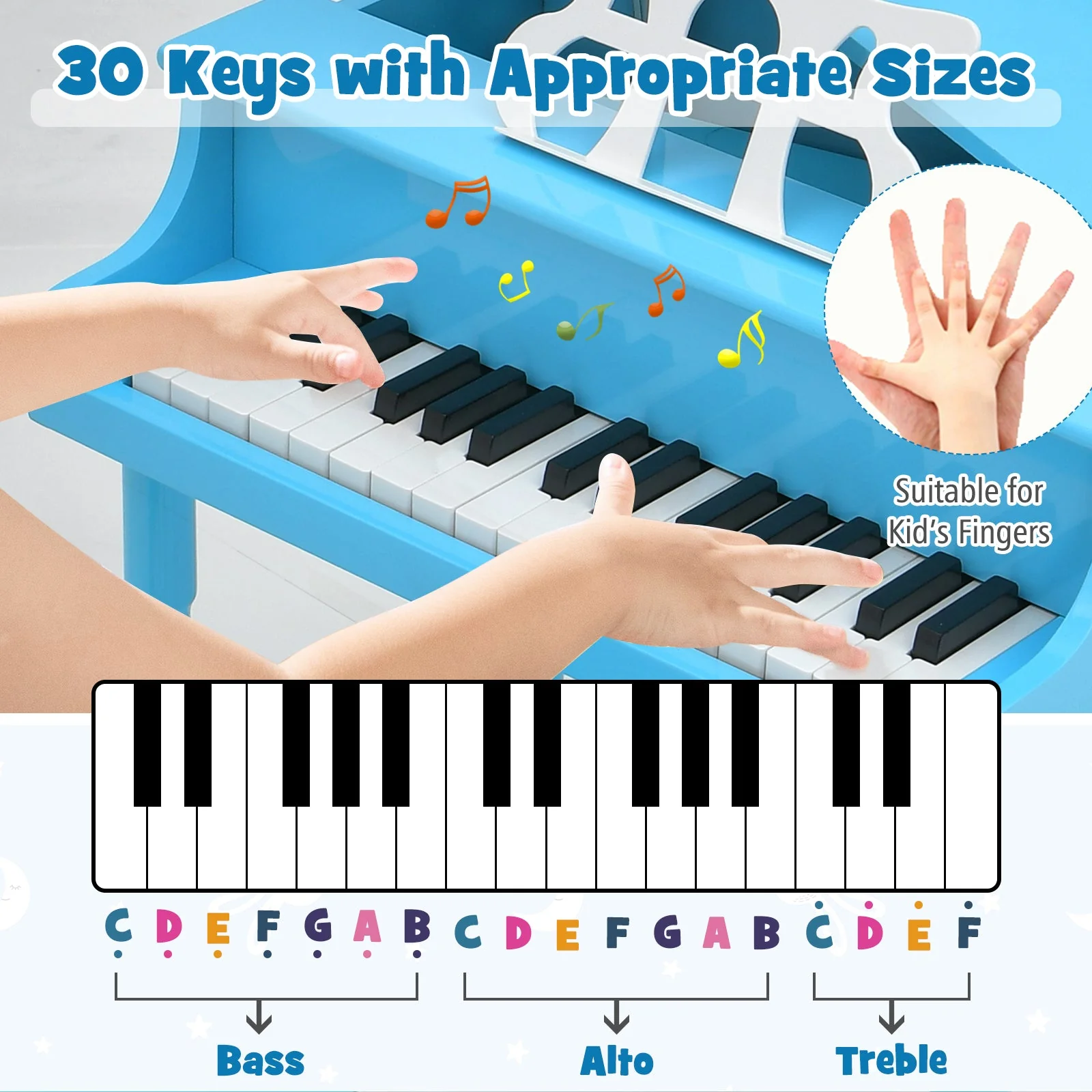 30-Key Wood Toy Kids Grand Piano with Bench and Music Rack-Blue - Image 7