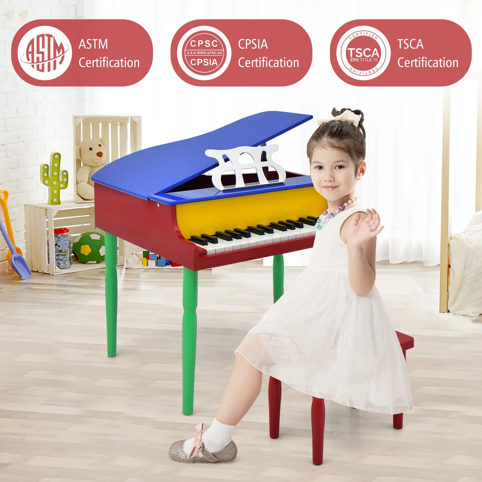 30-Key Wood Toy Kids Grand Piano with Bench and Music Rack-Multicolor - Image 2