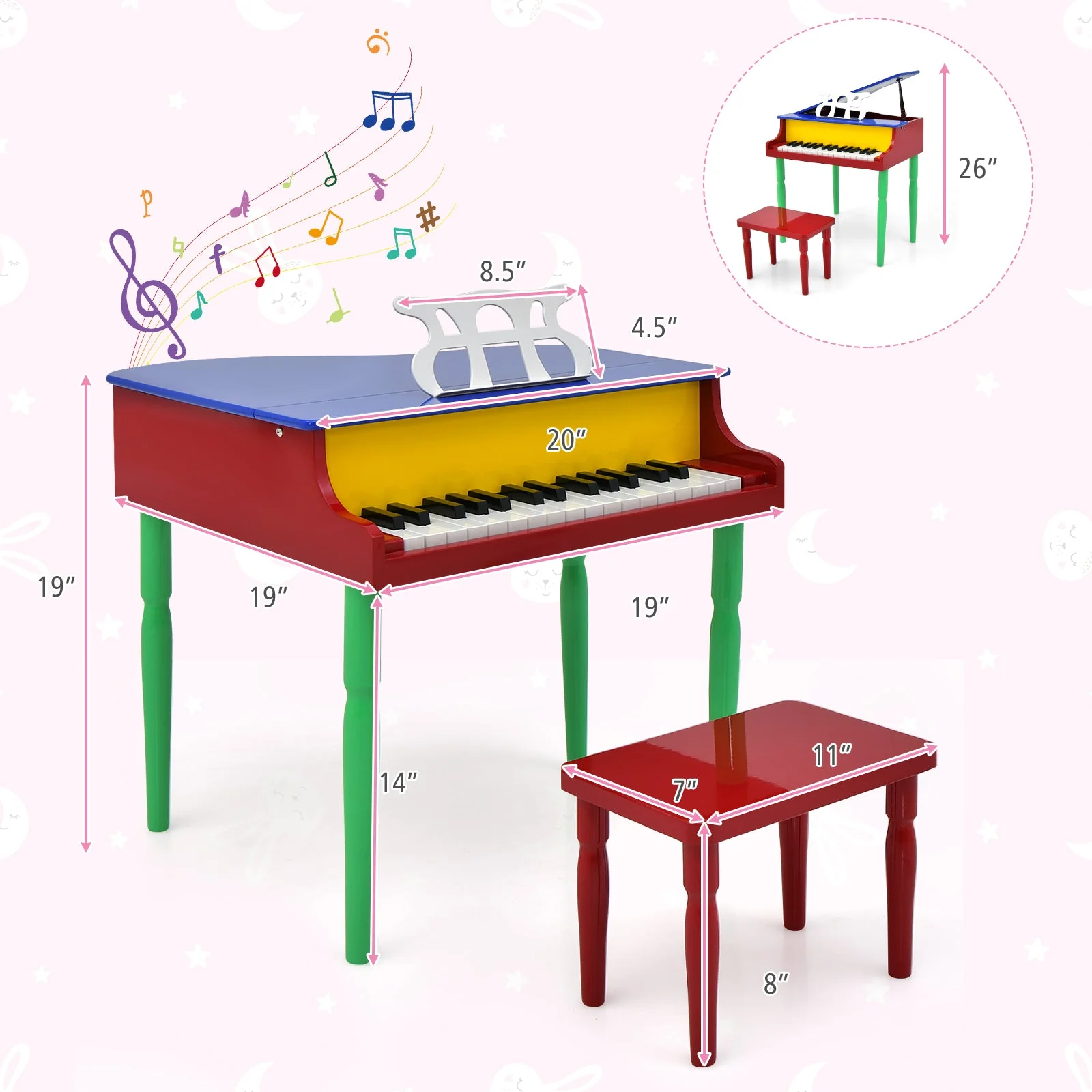 30-Key Wood Toy Kids Grand Piano with Bench and Music Rack-Multicolor - Image 5