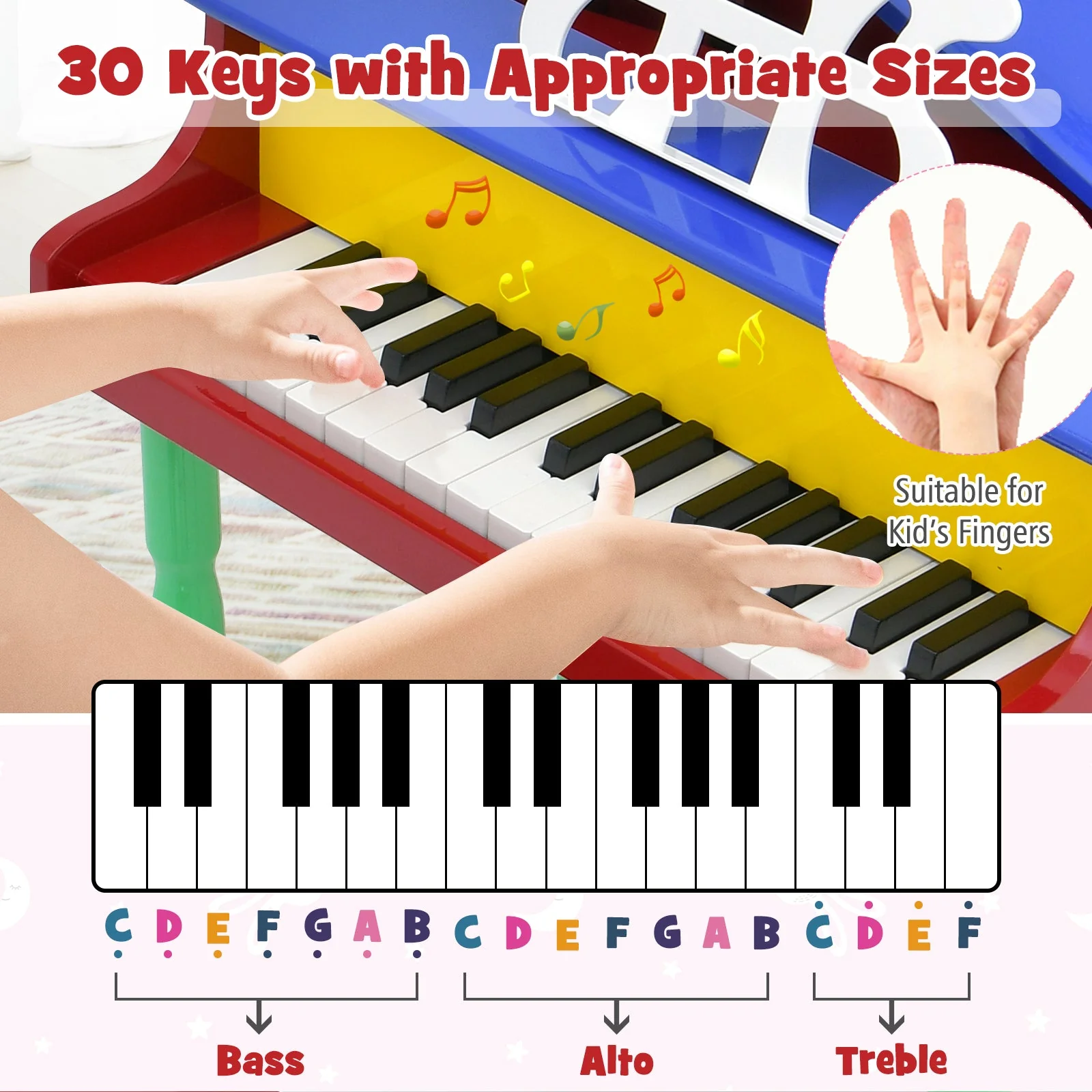 30-Key Wood Toy Kids Grand Piano with Bench and Music Rack-Multicolor - Image 7