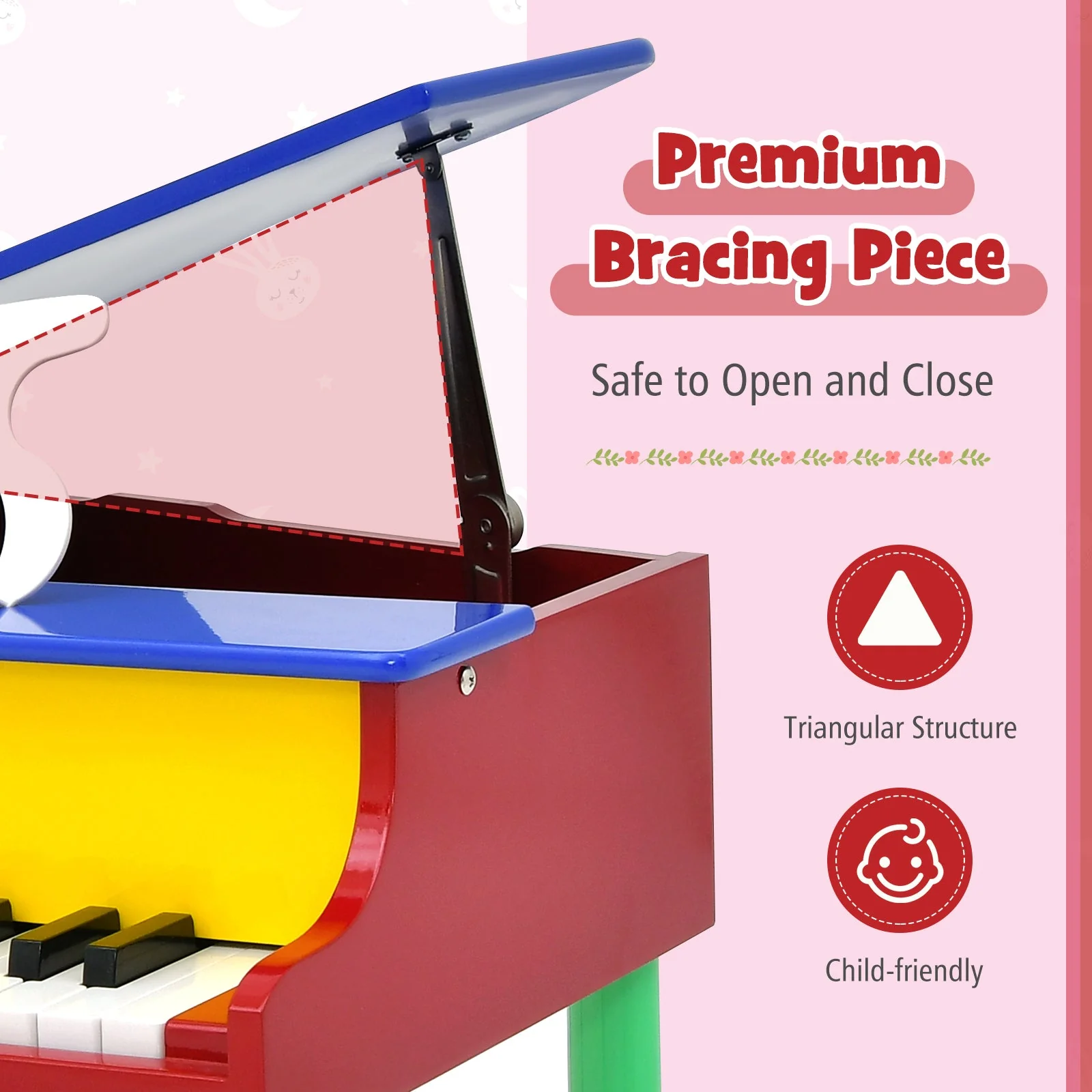 30-Key Wood Toy Kids Grand Piano with Bench and Music Rack-Multicolor - Image 8