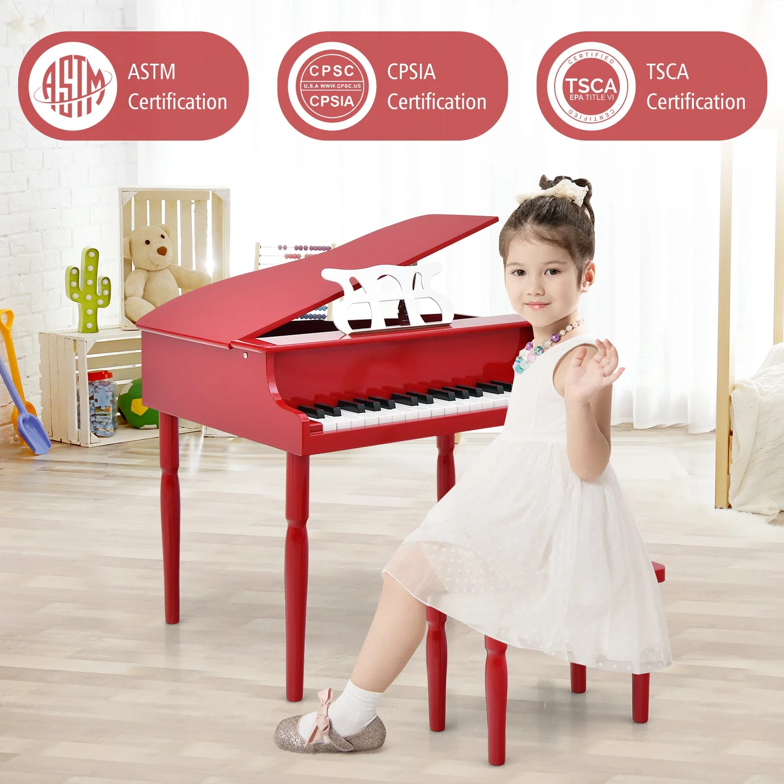 30-Key Wood Toy Kids Grand Piano with Bench and Music Rack-Red - Image 2