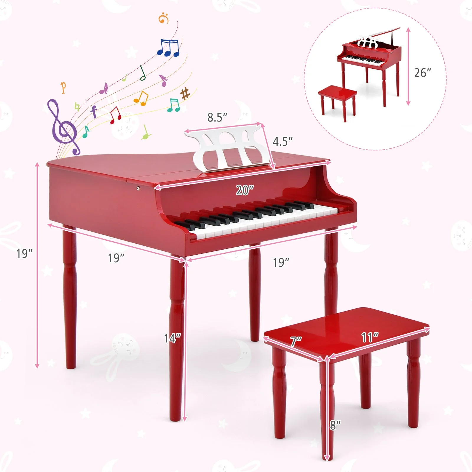 30-Key Wood Toy Kids Grand Piano with Bench and Music Rack-Red - Image 5