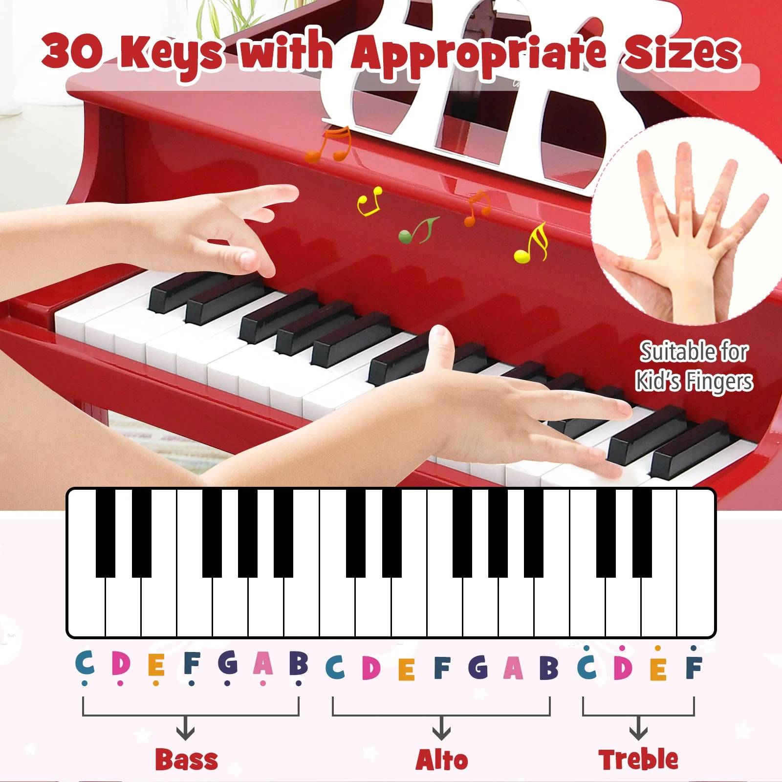 30-Key Wood Toy Kids Grand Piano with Bench and Music Rack-Red - Image 7