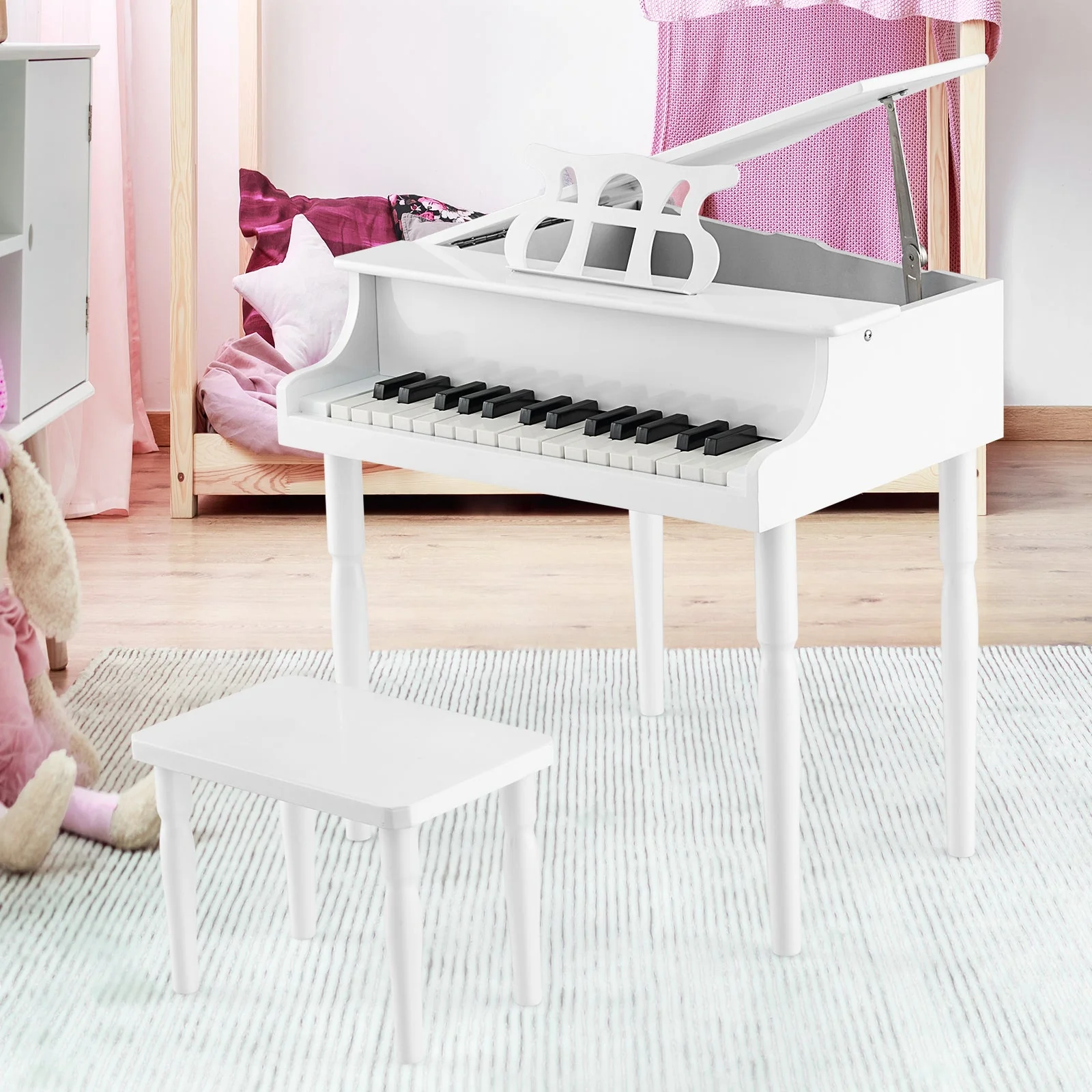 30-Key Wood Toy Kids Grand Piano with Bench and Music Rack-White - Image 2