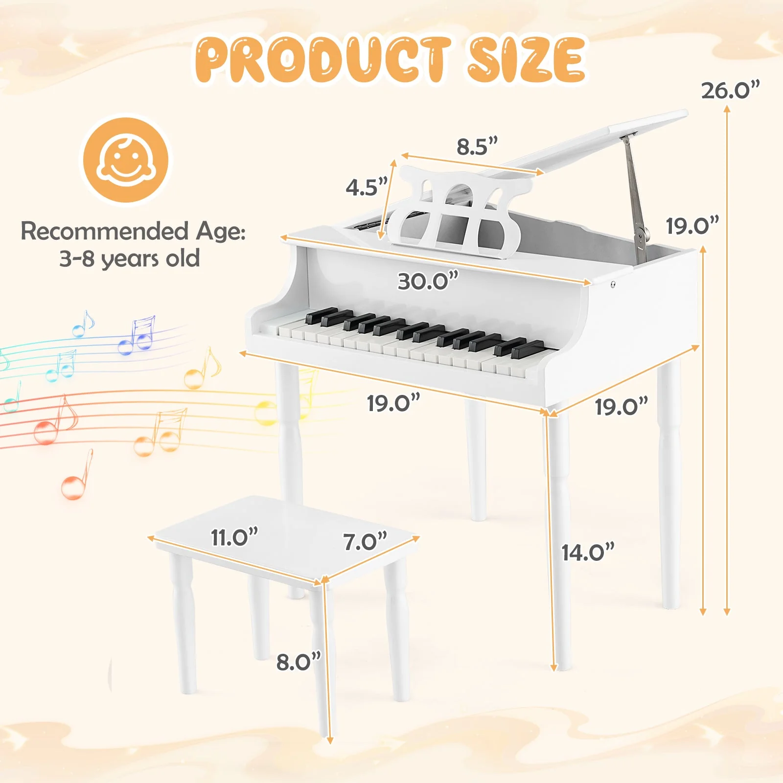 30-Key Wood Toy Kids Grand Piano with Bench and Music Rack-White - Image 4