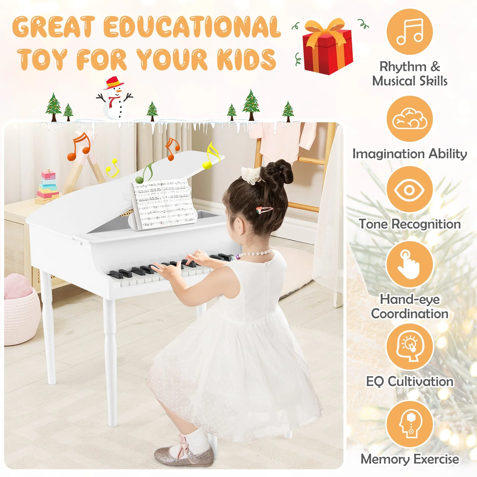 30-Key Wood Toy Kids Grand Piano with Bench and Music Rack-White - Image 5