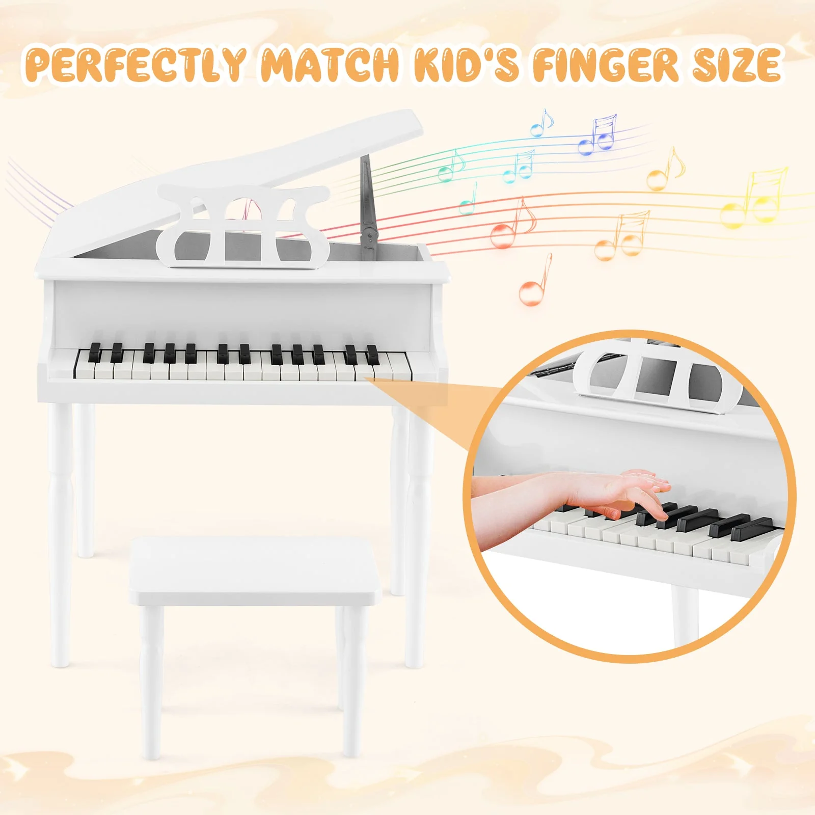 30-Key Wood Toy Kids Grand Piano with Bench and Music Rack-White - Image 6