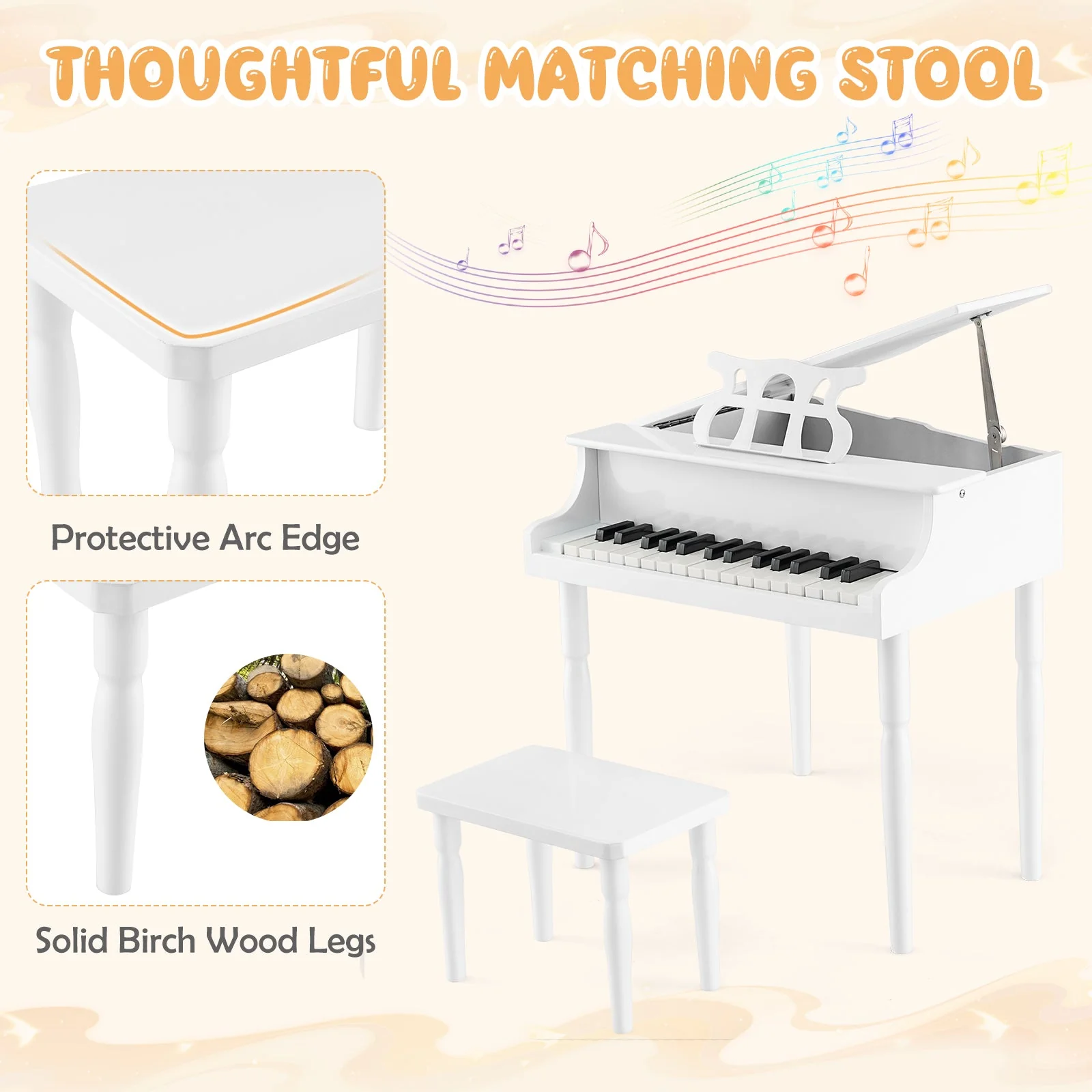 30-Key Wood Toy Kids Grand Piano with Bench and Music Rack-White - Image 7