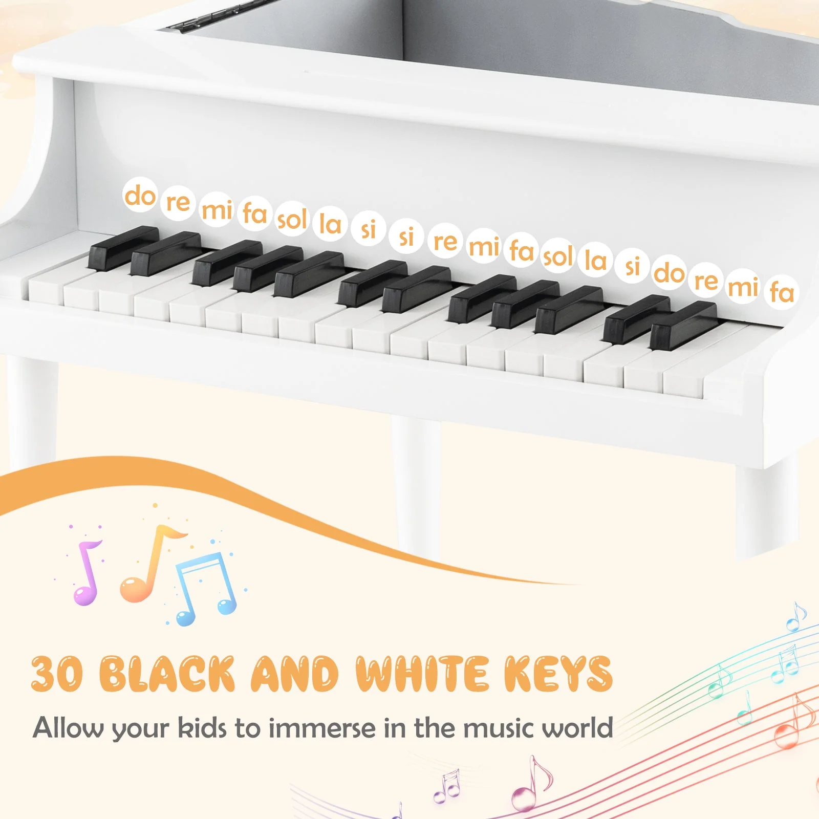 30-Key Wood Toy Kids Grand Piano with Bench and Music Rack-White - Image 8