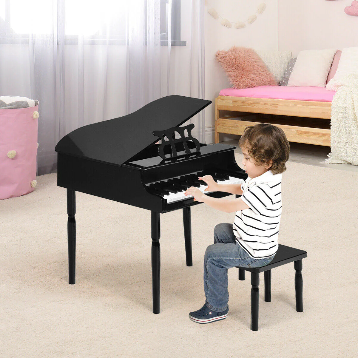 30-Key Wood Toy Kids Grand Piano with Bench & Music Rack-Black - Image 2
