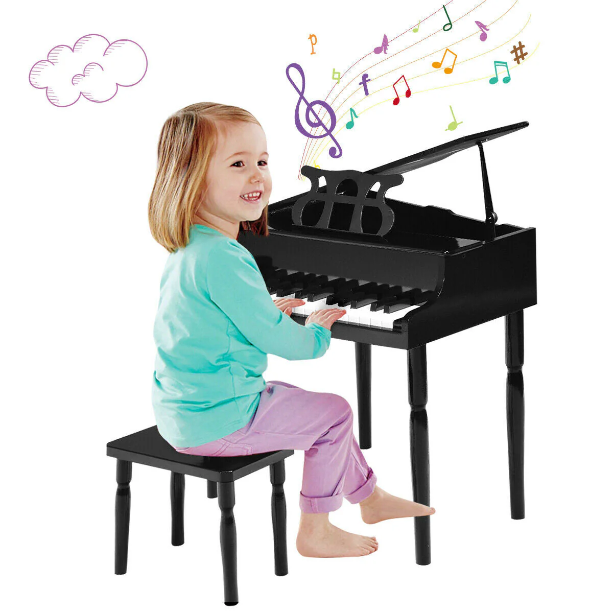 30-Key Wood Toy Kids Grand Piano with Bench & Music Rack-Black - Image 3