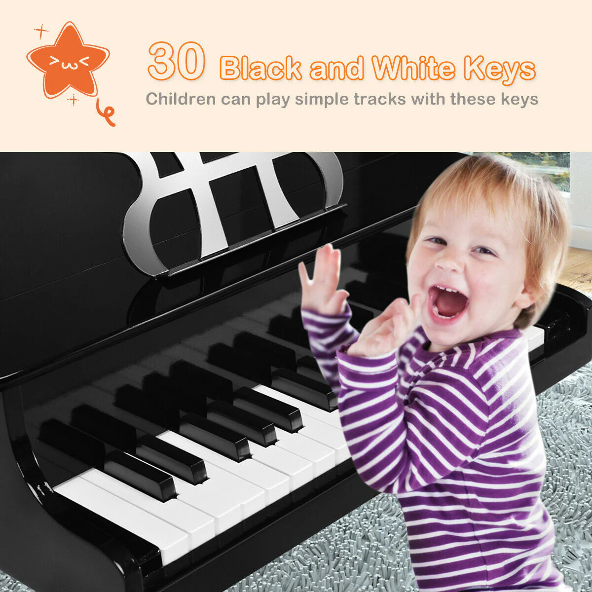 30-Key Wood Toy Kids Grand Piano with Bench & Music Rack-Black - Image 5