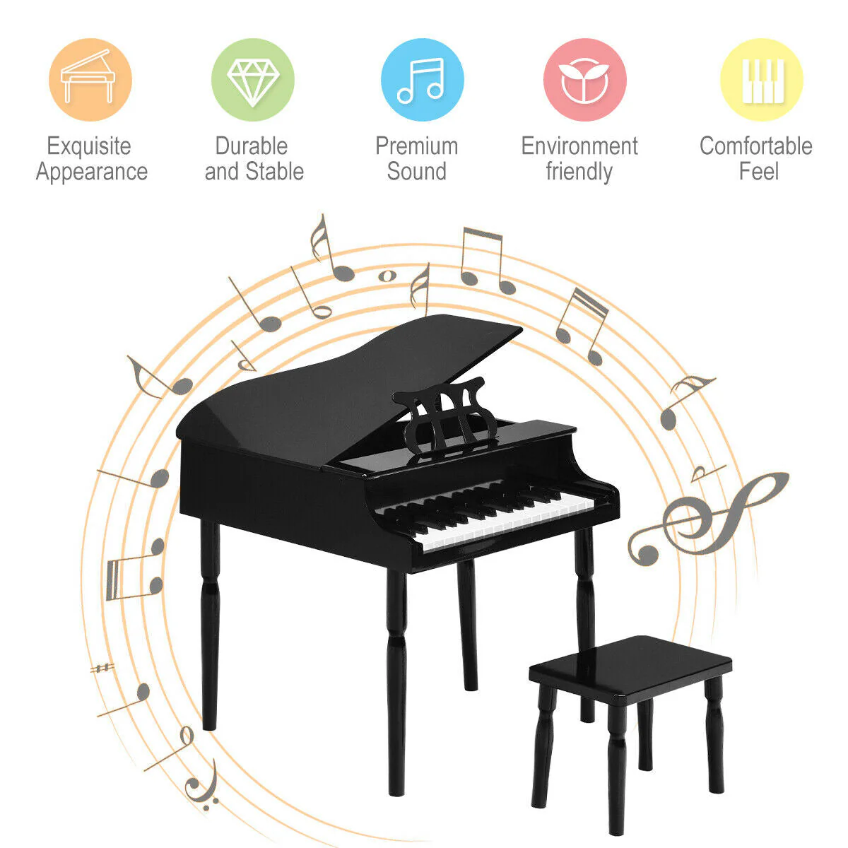 30-Key Wood Toy Kids Grand Piano with Bench & Music Rack-Black - Image 6