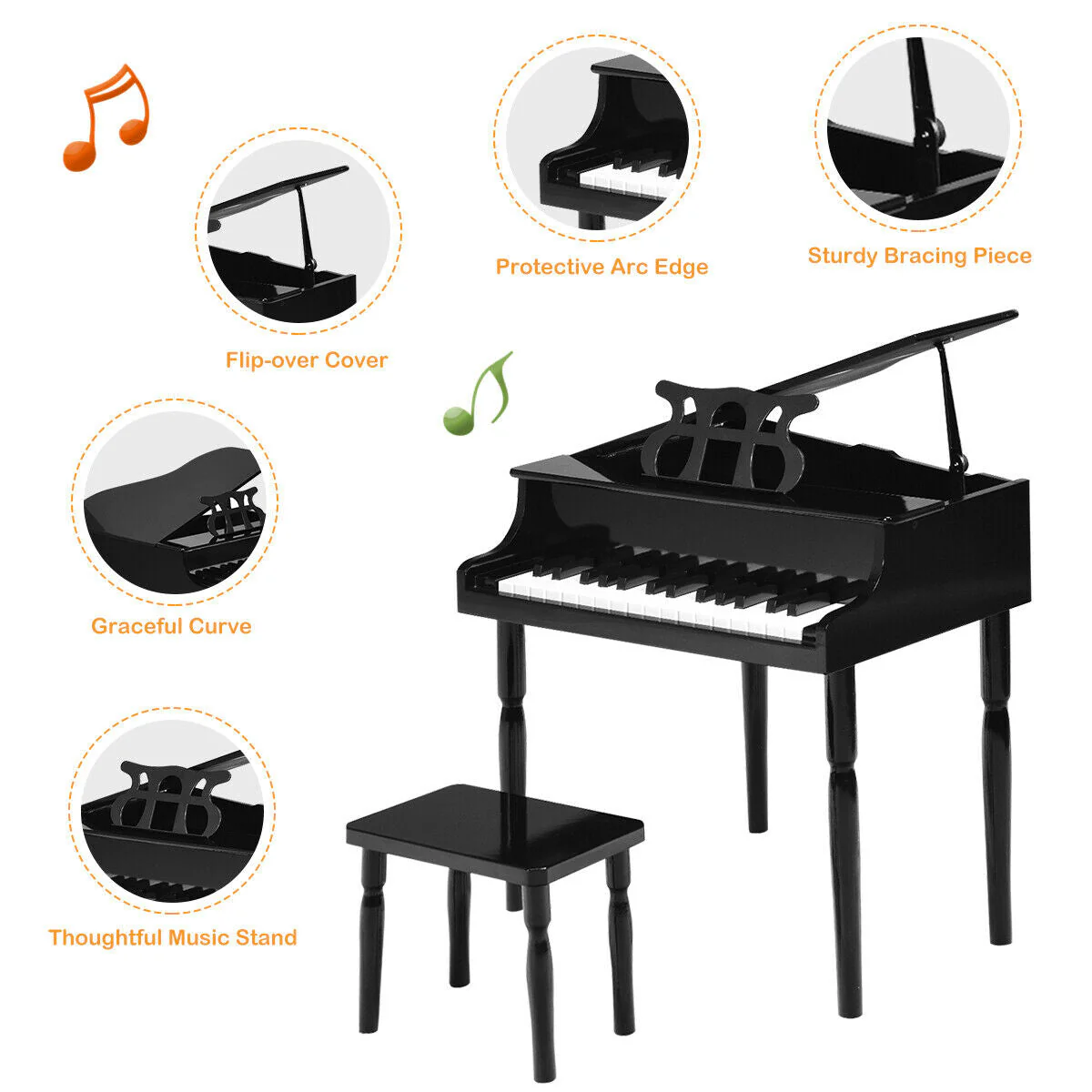 30-Key Wood Toy Kids Grand Piano with Bench & Music Rack-Black - Image 7