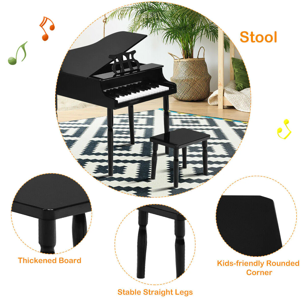 30-Key Wood Toy Kids Grand Piano with Bench & Music Rack-Black - Image 8