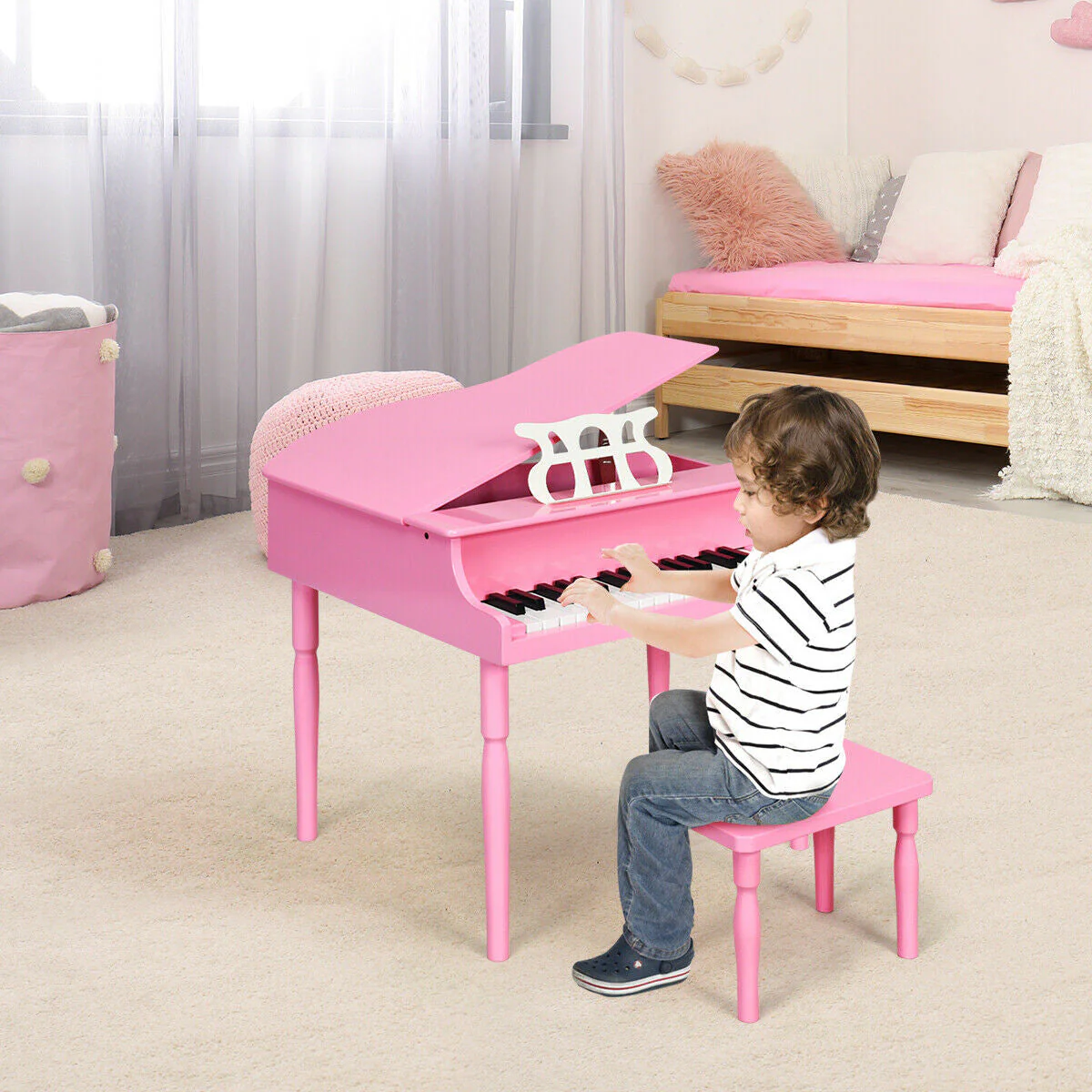 30-Key Wood Toy Kids Grand Piano with Bench & Music Rack-Pink - Image 2