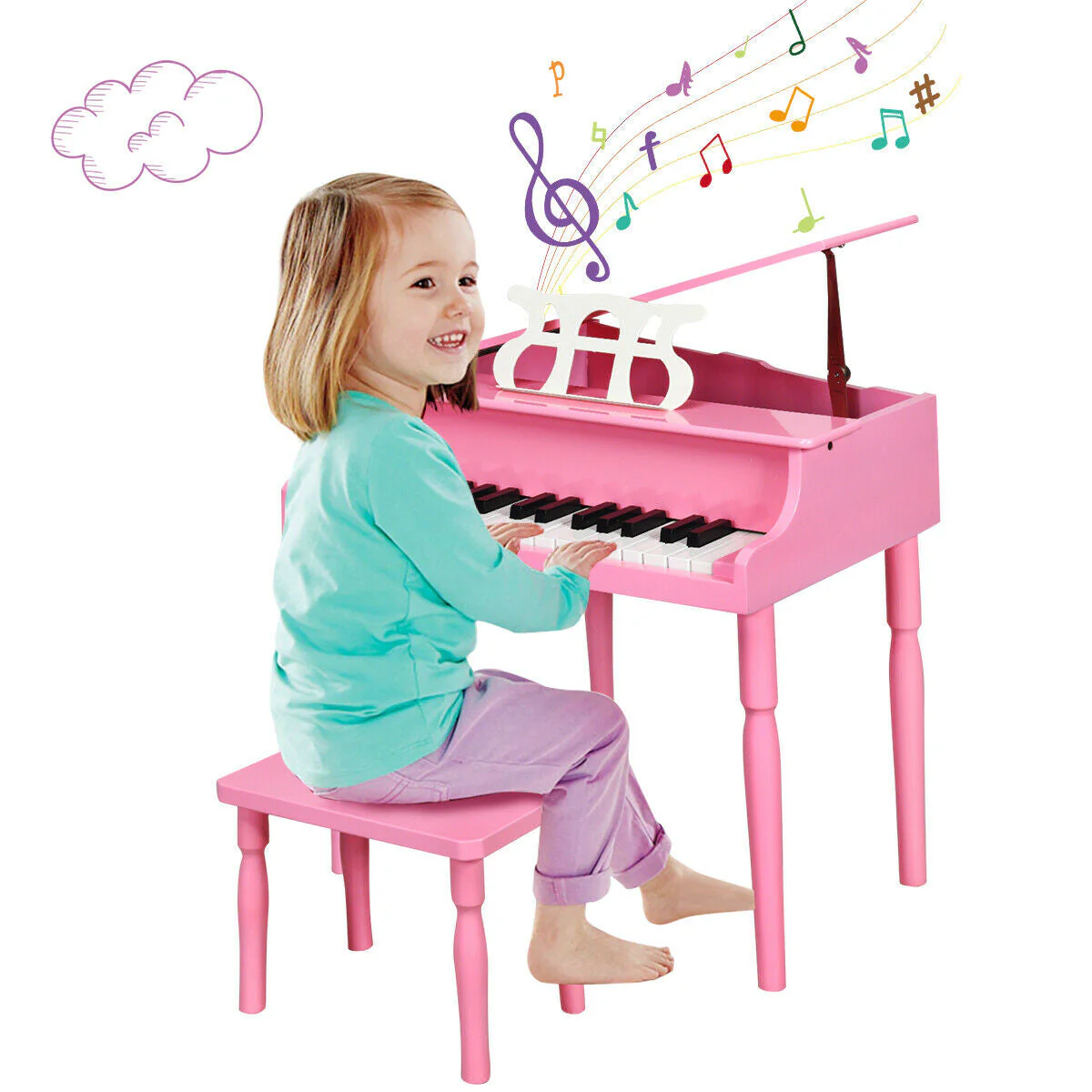 30-Key Wood Toy Kids Grand Piano with Bench & Music Rack-Pink - Image 3
