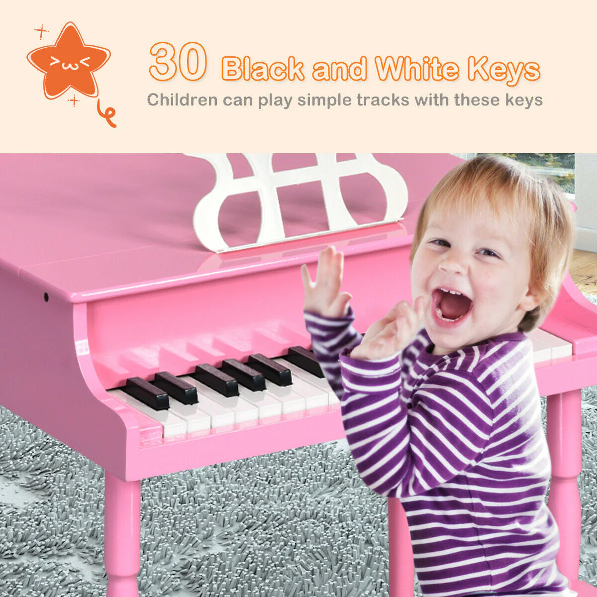 30-Key Wood Toy Kids Grand Piano with Bench & Music Rack-Pink - Image 5