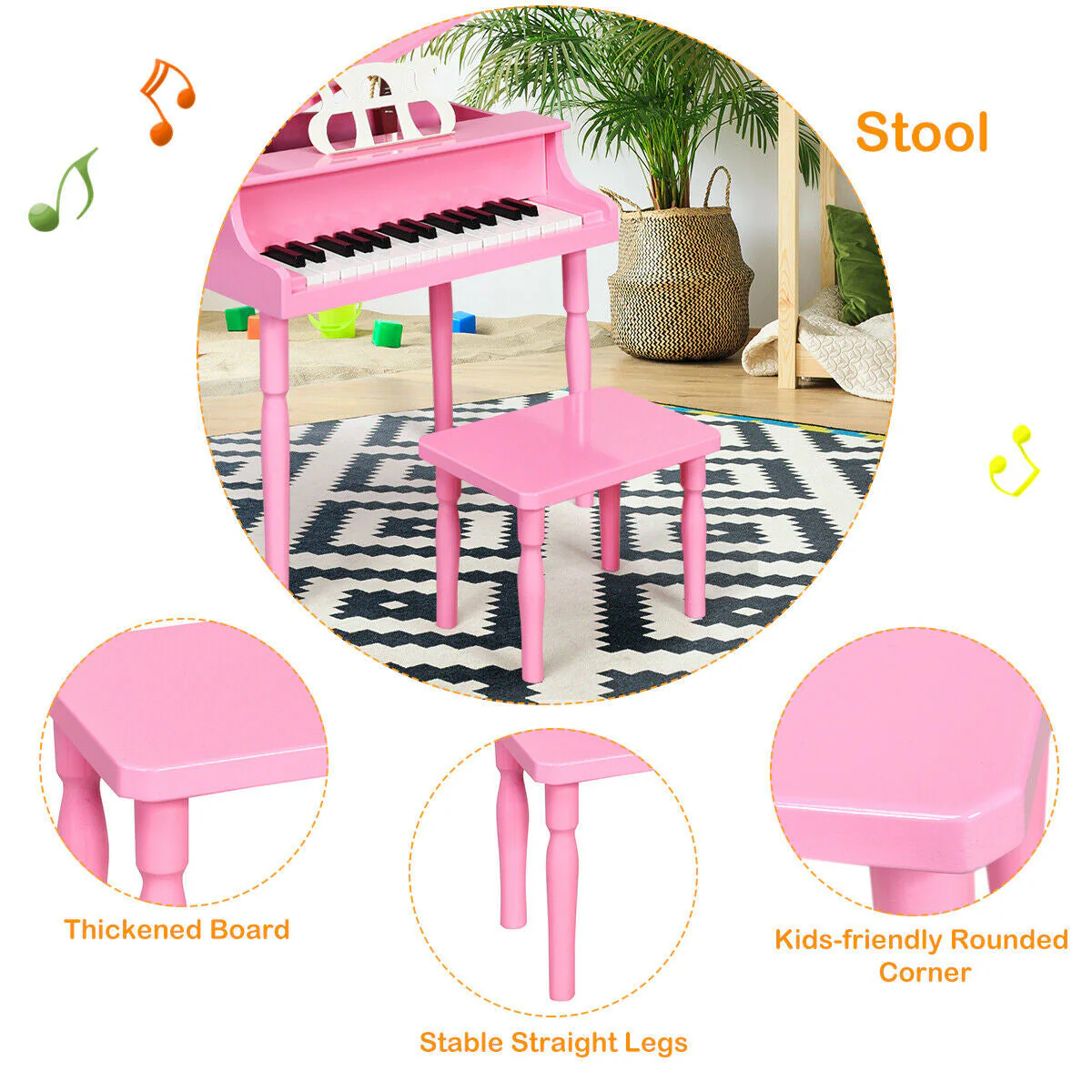 30-Key Wood Toy Kids Grand Piano with Bench & Music Rack-Pink - Image 6