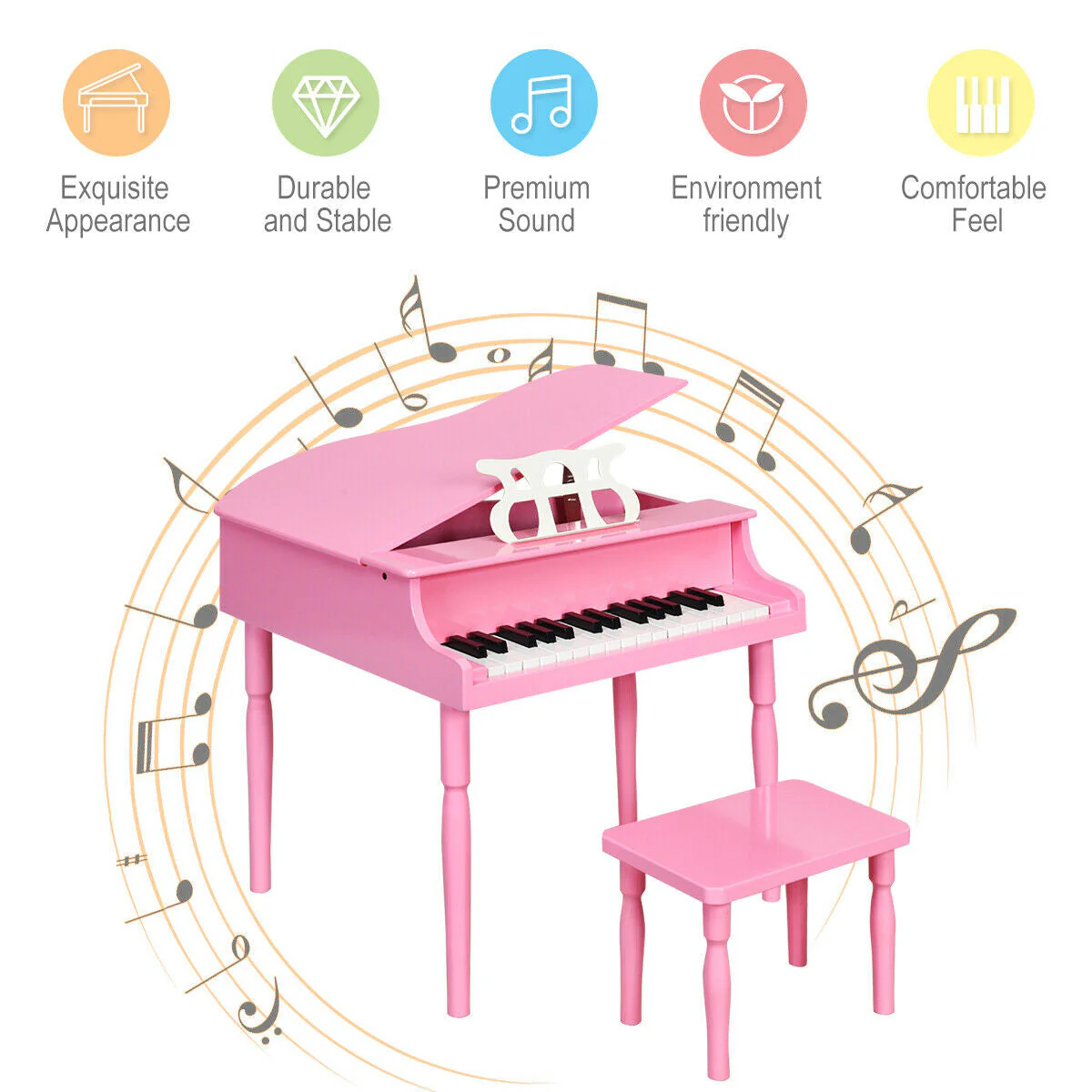 30-Key Wood Toy Kids Grand Piano with Bench & Music Rack-Pink - Image 7