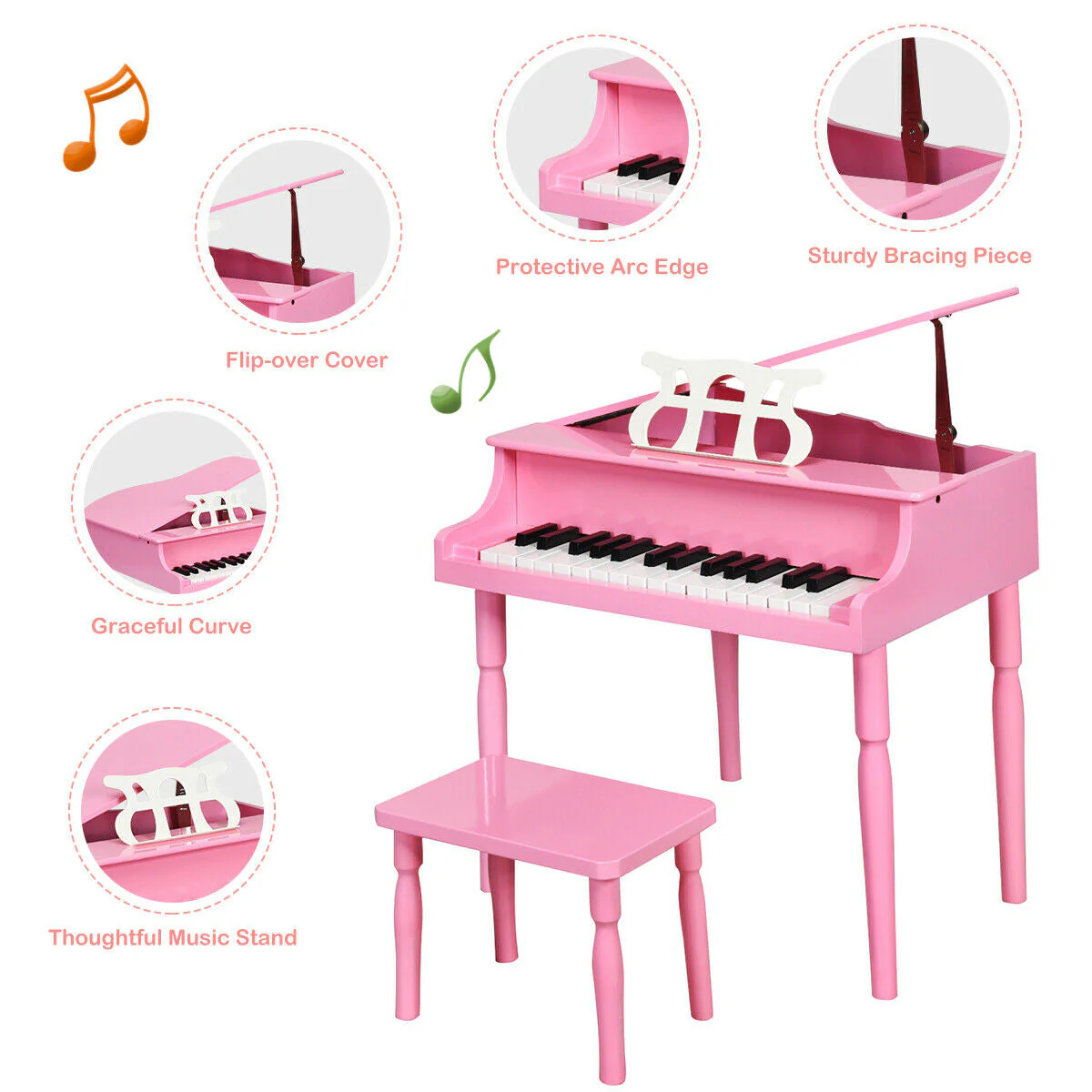30-Key Wood Toy Kids Grand Piano with Bench & Music Rack-Pink - Image 8