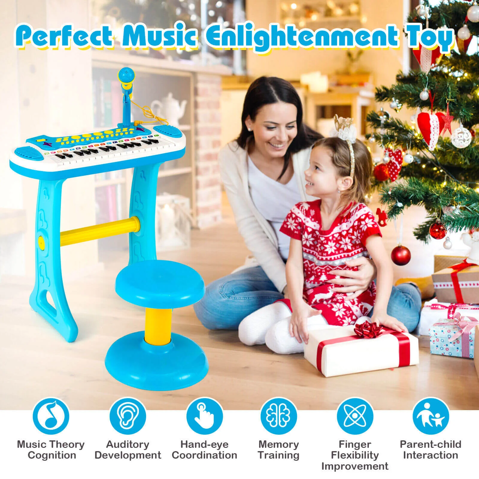 31-Key Kids Piano Keyboard Toy with Microphone and Multiple Sounds for Age 3+-Blue - Image 7