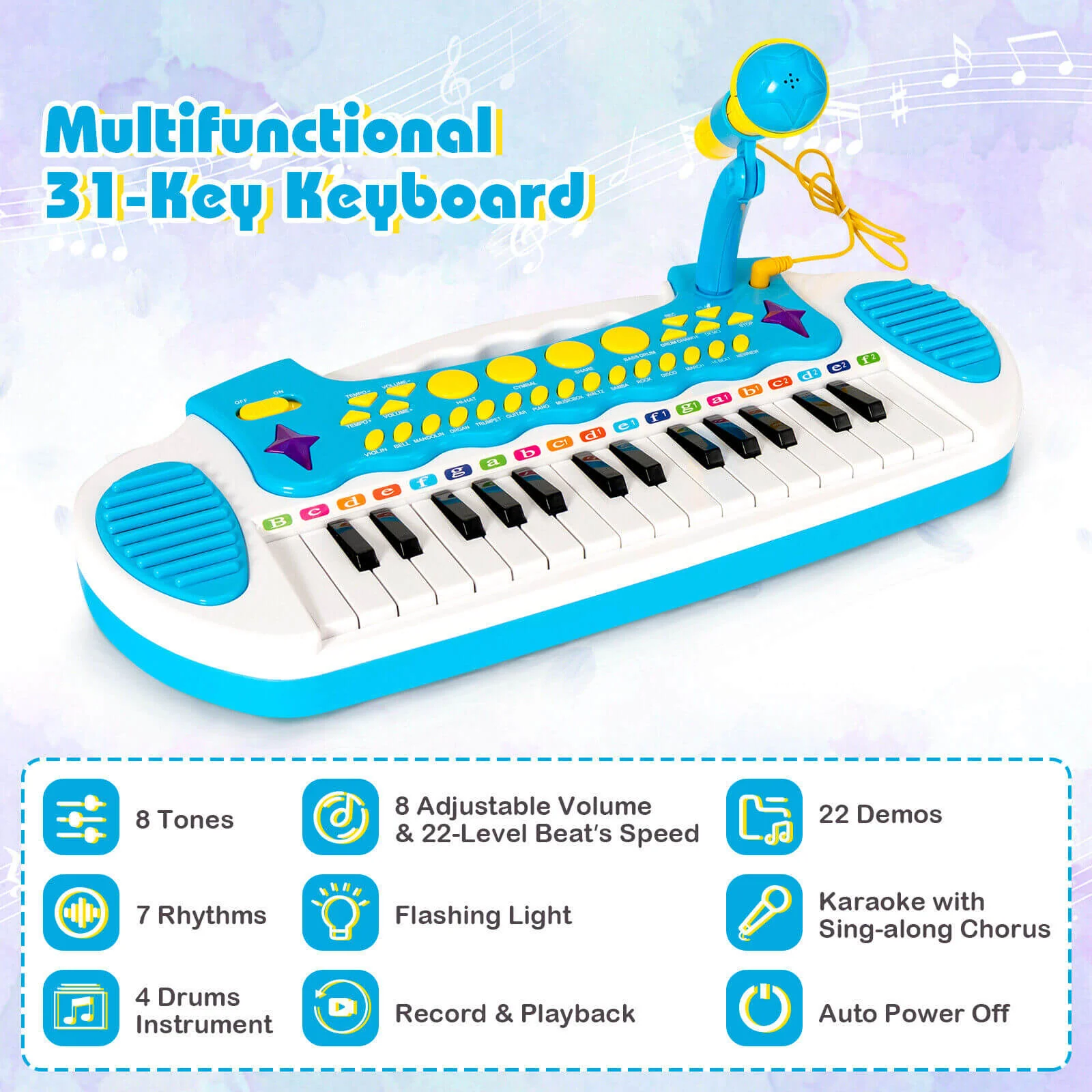 31-Key Kids Piano Keyboard Toy with Microphone and Multiple Sounds for Age 3+-Blue - Image 8