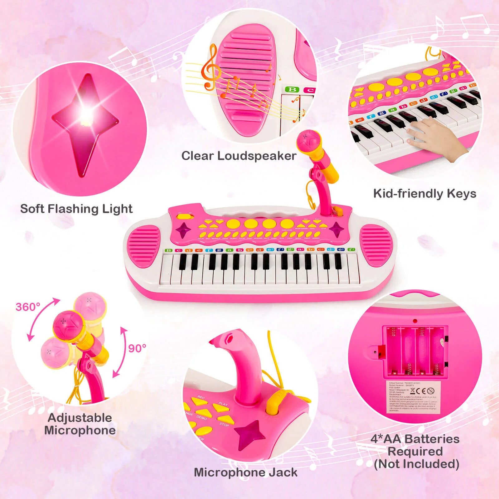 31-Key Kids Piano Keyboard Toy with Microphone and Multiple Sounds for Age 3+-Pink - Image 6