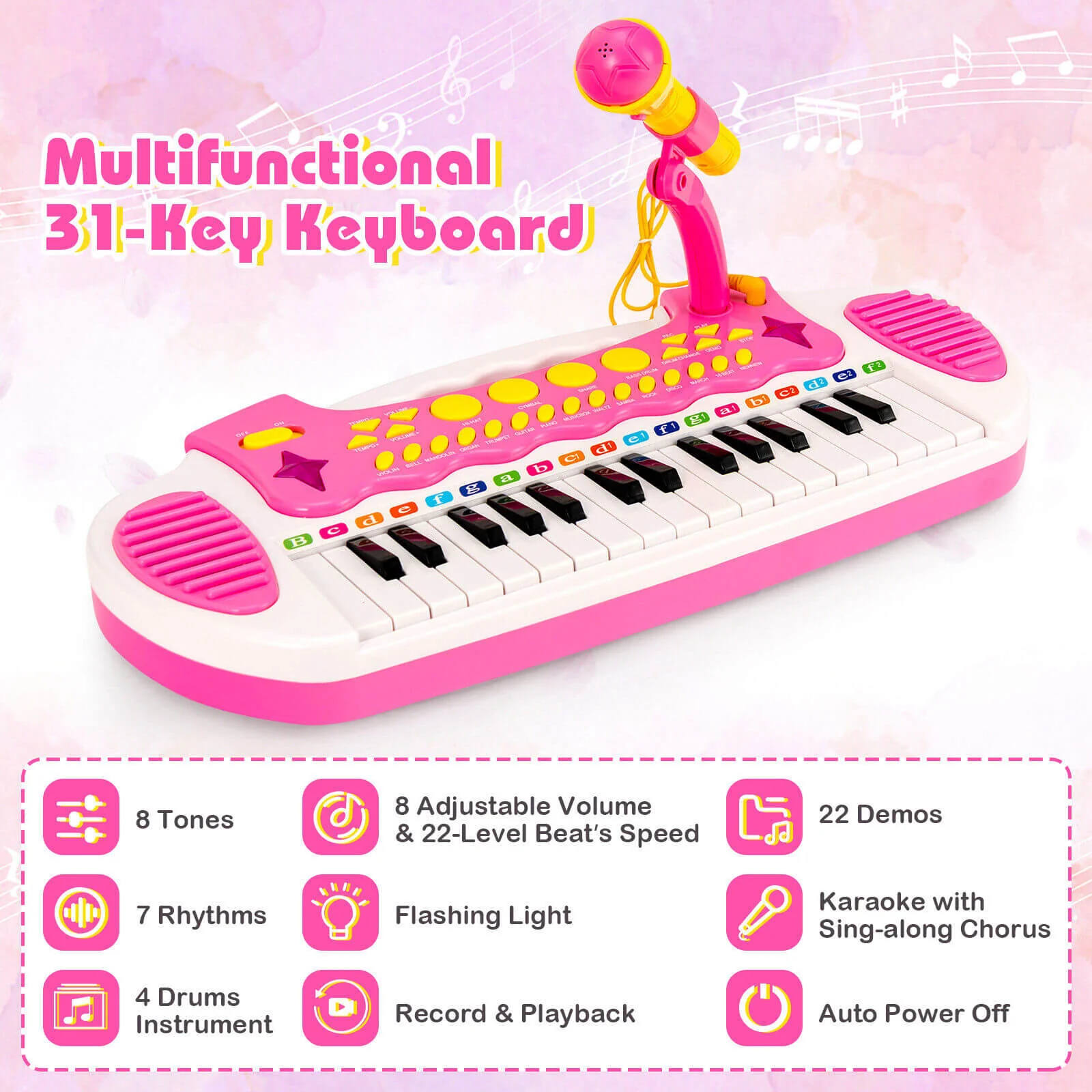 31-Key Kids Piano Keyboard Toy with Microphone and Multiple Sounds for Age 3+-Pink - Image 7