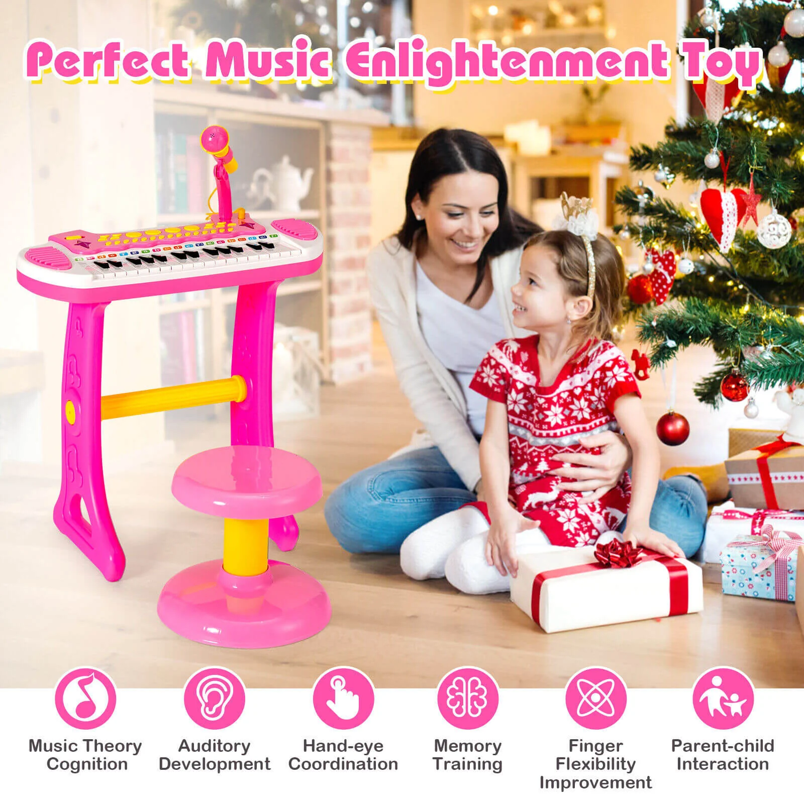31-Key Kids Piano Keyboard Toy with Microphone and Multiple Sounds for Age 3+-Pink - Image 8