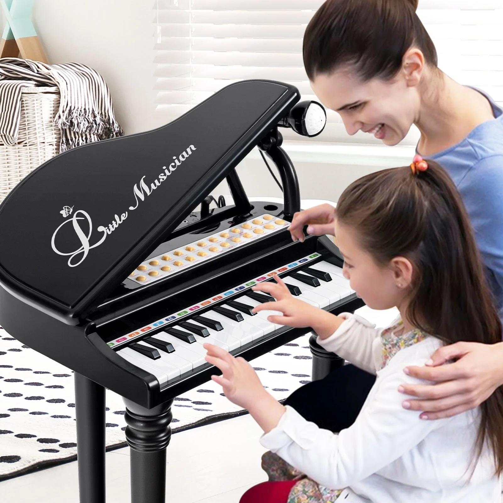31 Keys Kids Piano Keyboard with Stool and Piano Lid-Black - Image 2