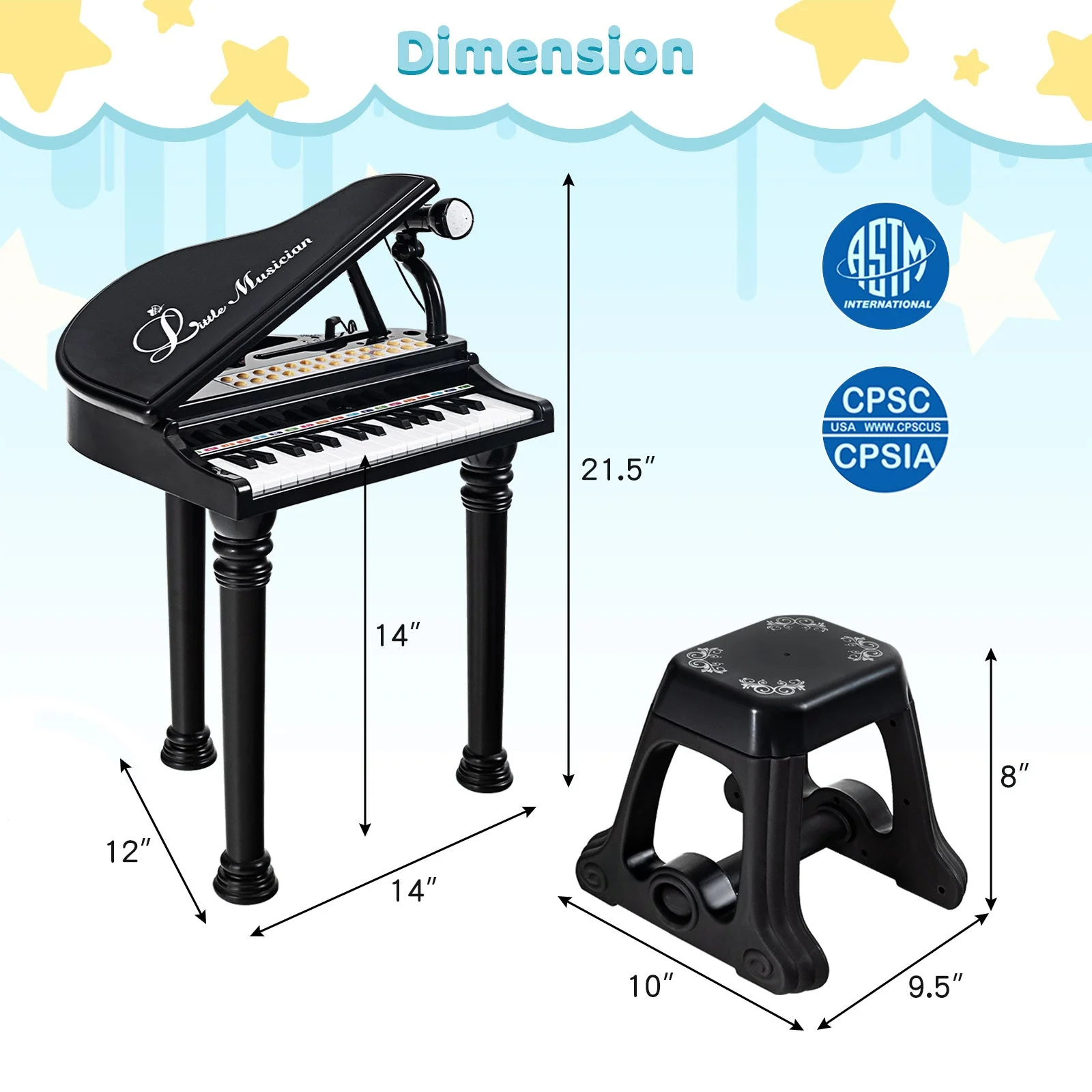 31 Keys Kids Piano Keyboard with Stool and Piano Lid-Black - Image 4