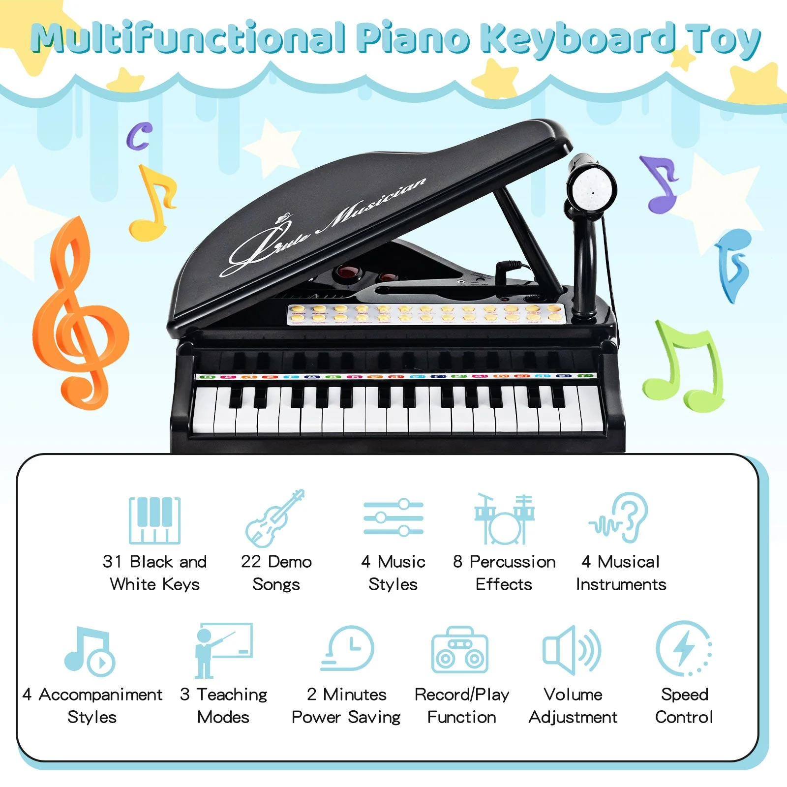 31 Keys Kids Piano Keyboard with Stool and Piano Lid-Black - Image 5