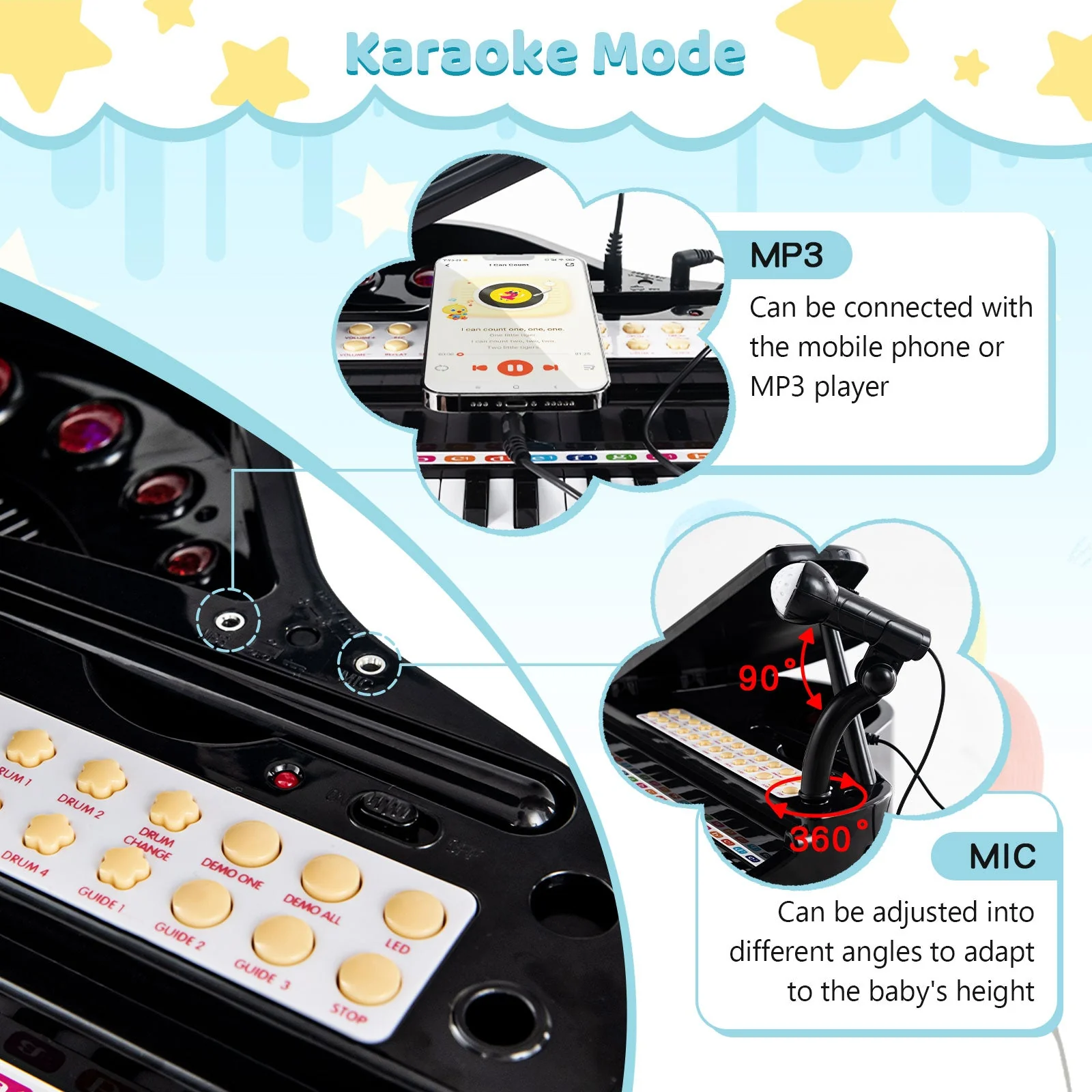 31 Keys Kids Piano Keyboard with Stool and Piano Lid-Black - Image 6