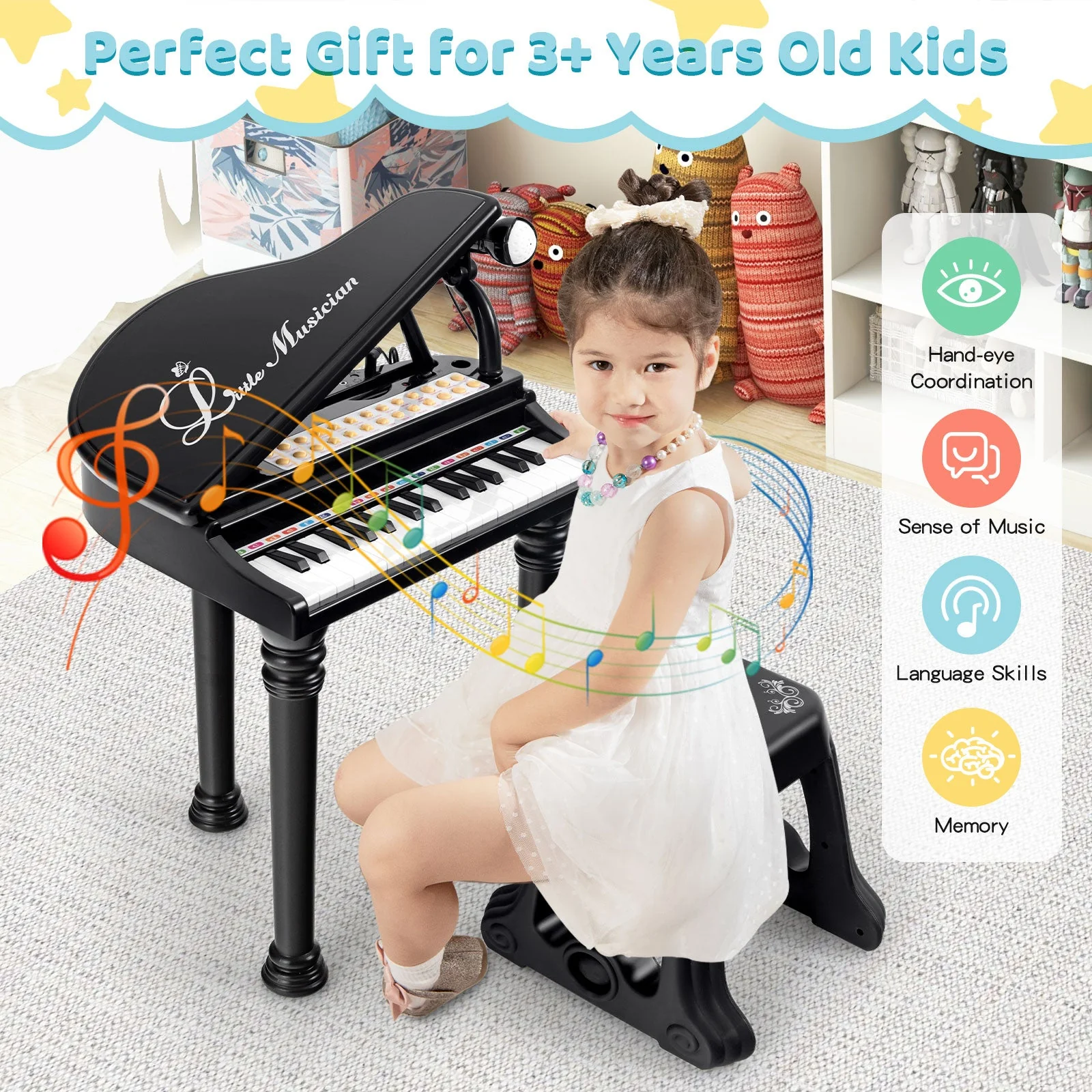 31 Keys Kids Piano Keyboard with Stool and Piano Lid-Black - Image 7