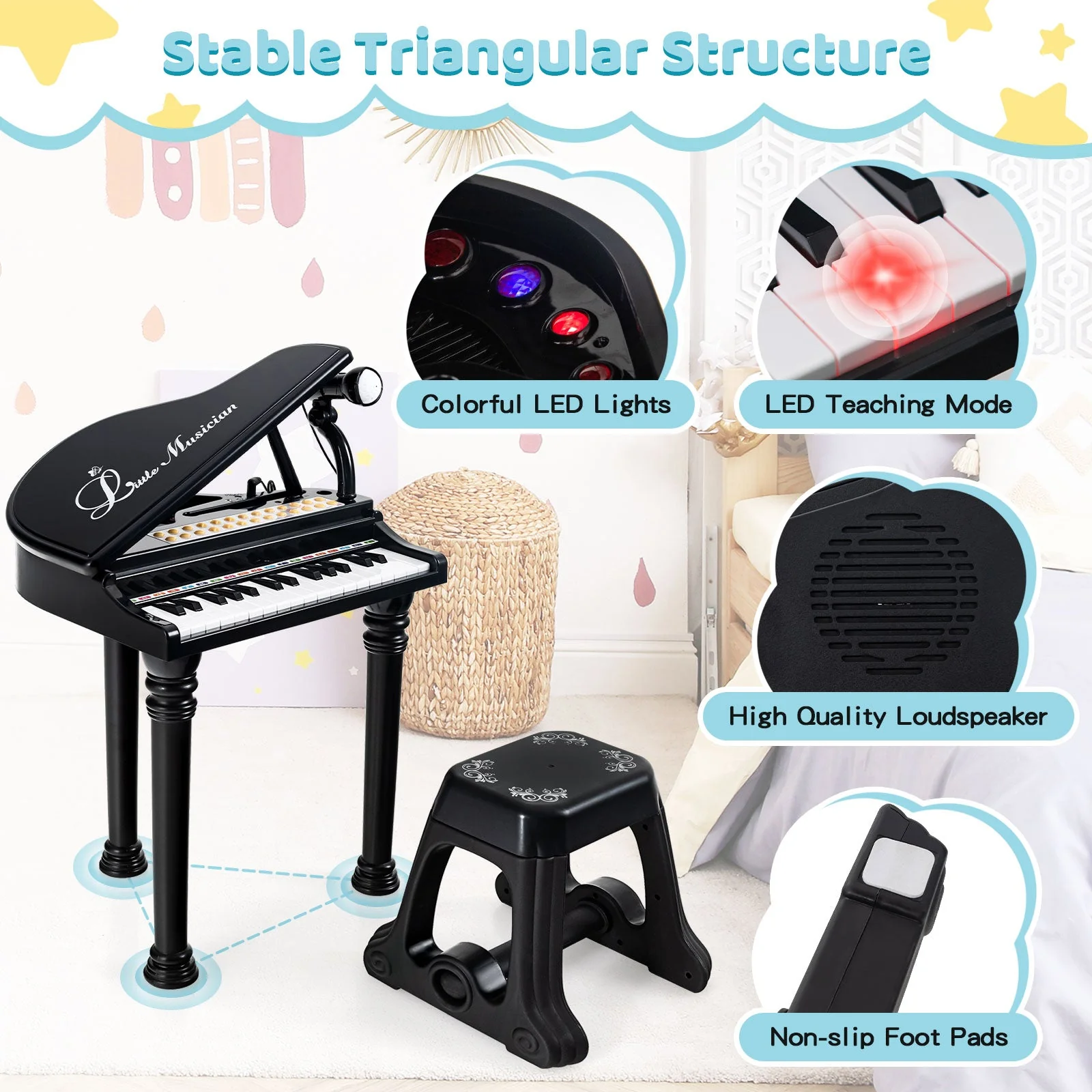 31 Keys Kids Piano Keyboard with Stool and Piano Lid-Black - Image 8