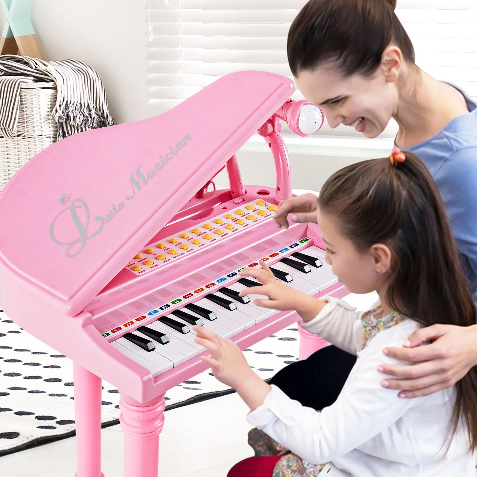 31 Keys Kids Piano Keyboard with Stool and Piano Lid-Pink - Image 2