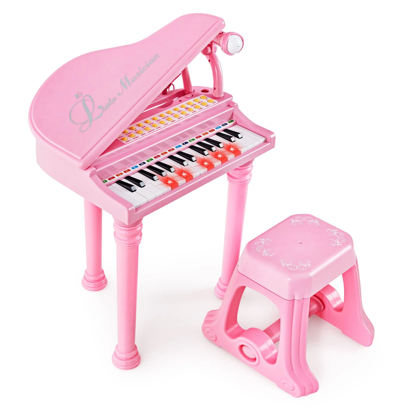 31 Keys Kids Piano Keyboard with Stool and Piano Lid-Pink - Image 3