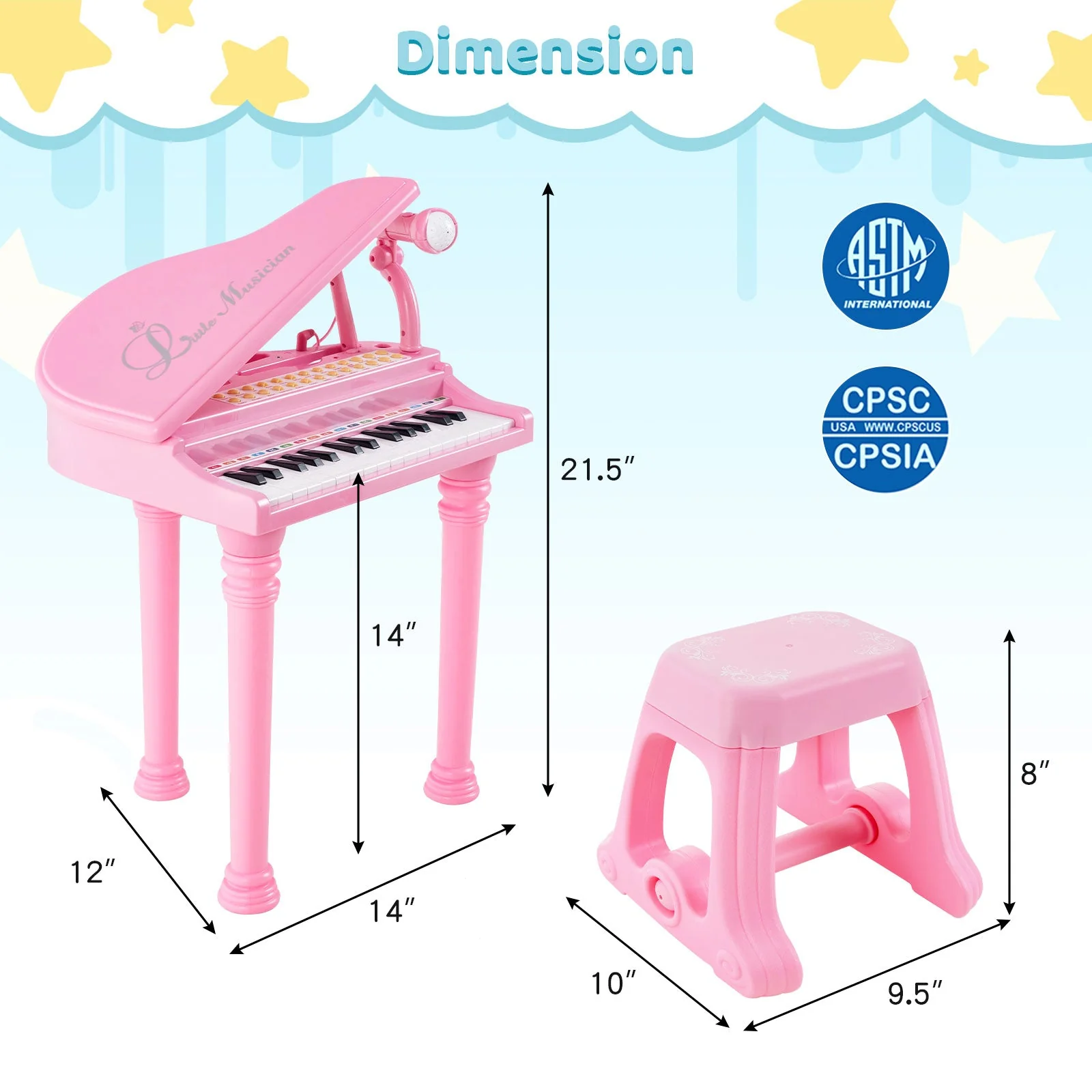 31 Keys Kids Piano Keyboard with Stool and Piano Lid-Pink - Image 4