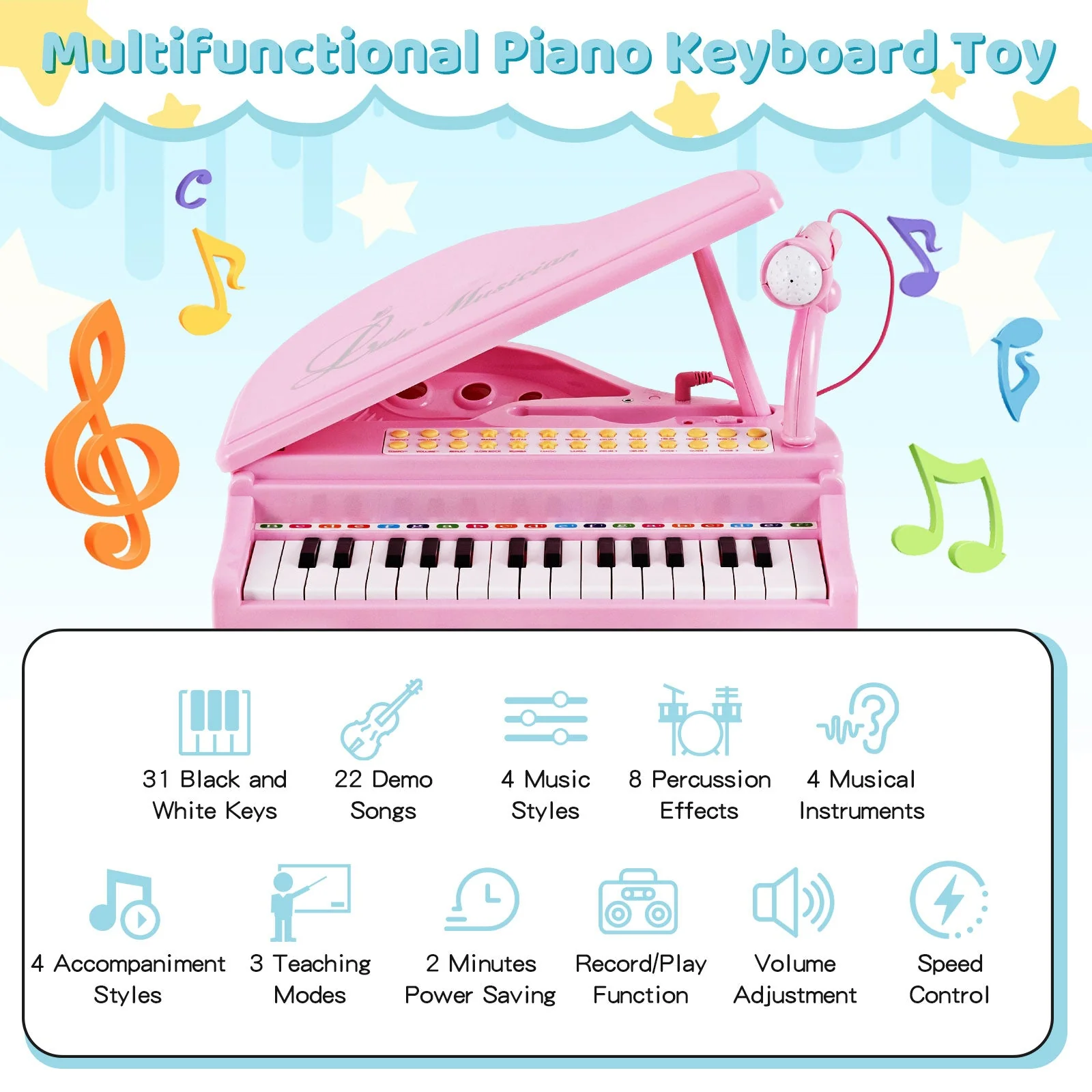 31 Keys Kids Piano Keyboard with Stool and Piano Lid-Pink - Image 5